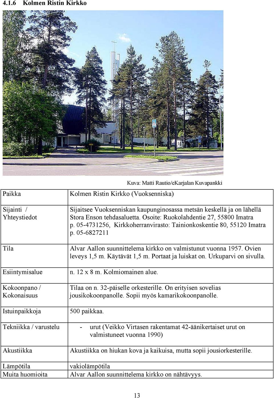 Ovien leveys 1,5 m. Käytävät 1,5 m. Portaat ja luiskat on. Urkuparvi on sivulla. n. 12 x 8 m. Kolmiomainen alue. a on n. 32-päiselle orkesterille. On erityisen sovelias jousikokoonpanolle.