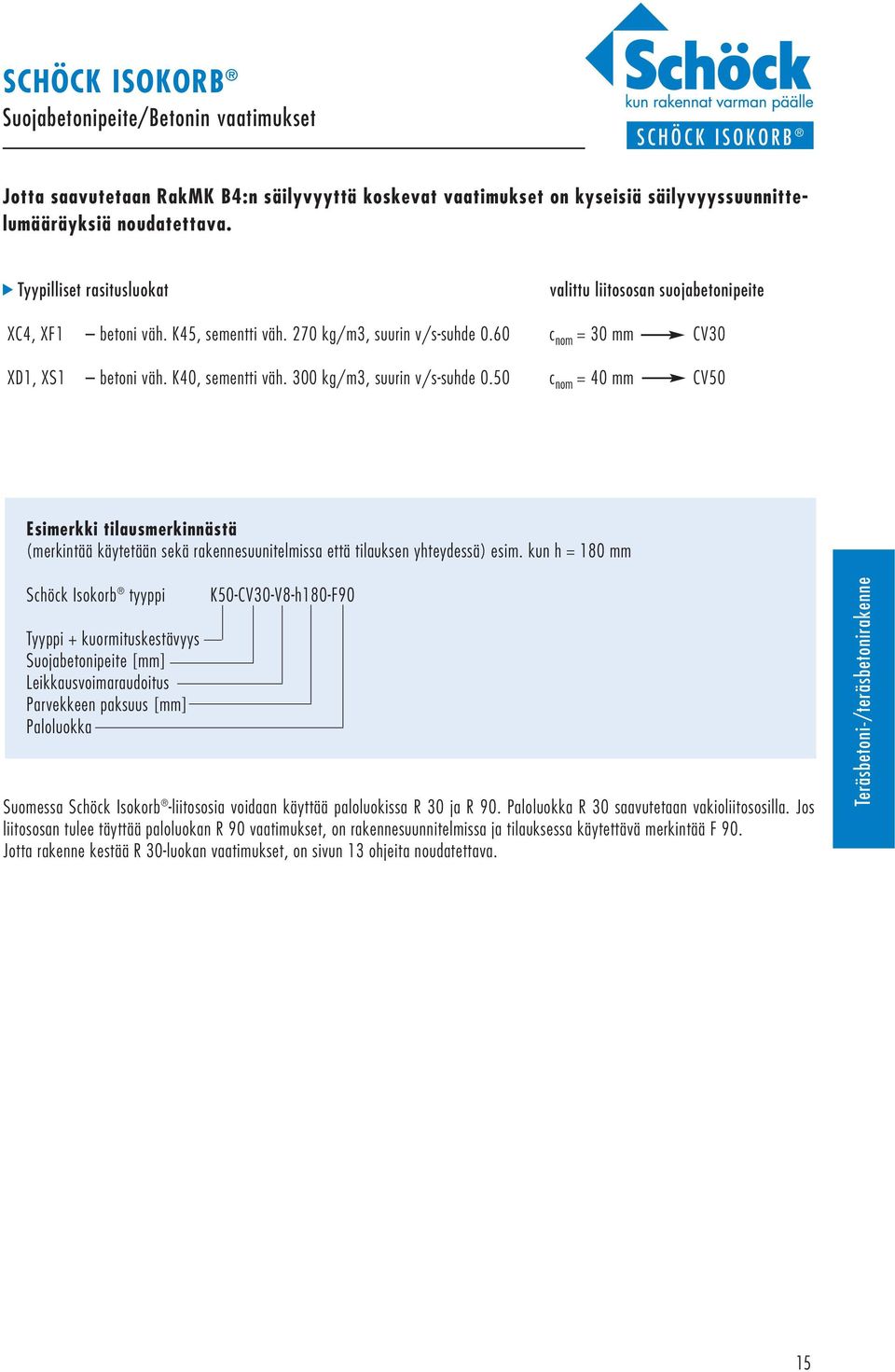 300 kg/m3, suurin v/s-suhde 0.50 c nom = 40 mm CV50 Esimerkki tilausmerkinnästä (merkintää käytetään sekä rakennesuunitelmissa että tilauksen yhteydessä) esim.