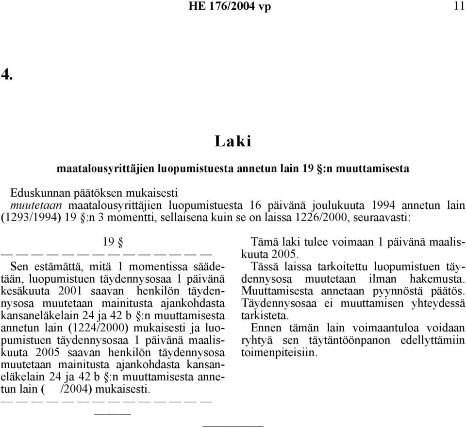 ajankohdasta kansaneläkelain 24 ja 42 b :n muuttamisesta annetun lain (1224/2000) mukaisesti ja luopumistuen täydennysosaa 1 päivänä maaliskuuta 2005 saavan henkilön täydennysosa muutetaan mainitusta