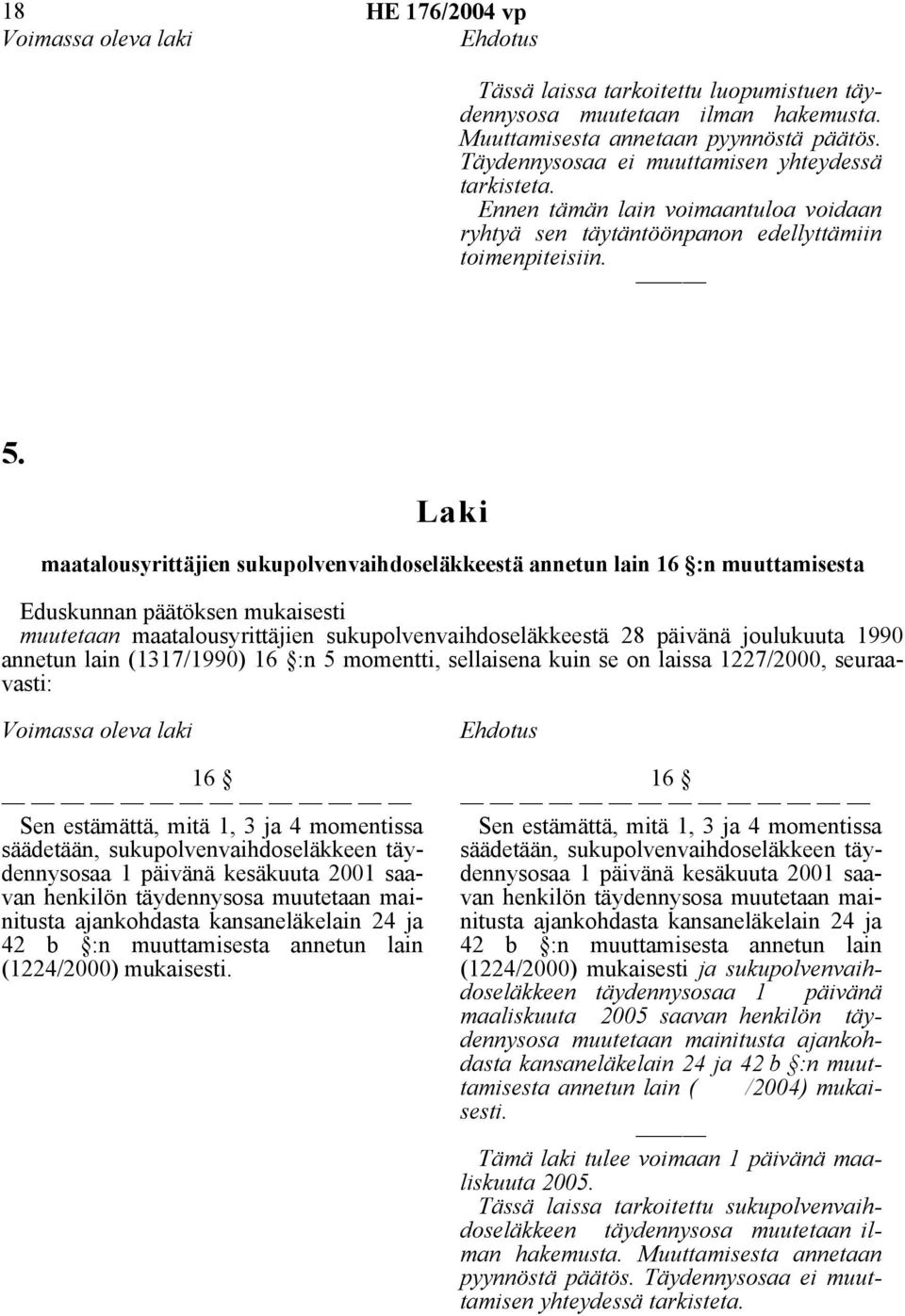 momentti, sellaisena kuin se on laissa 1227/2000, seuraavasti: Voimassa oleva laki 16 Sen estämättä, mitä 1, 3 ja 4 momentissa säädetään, sukupolvenvaihdoseläkkeen täydennysosaa 1 päivänä kesäkuuta