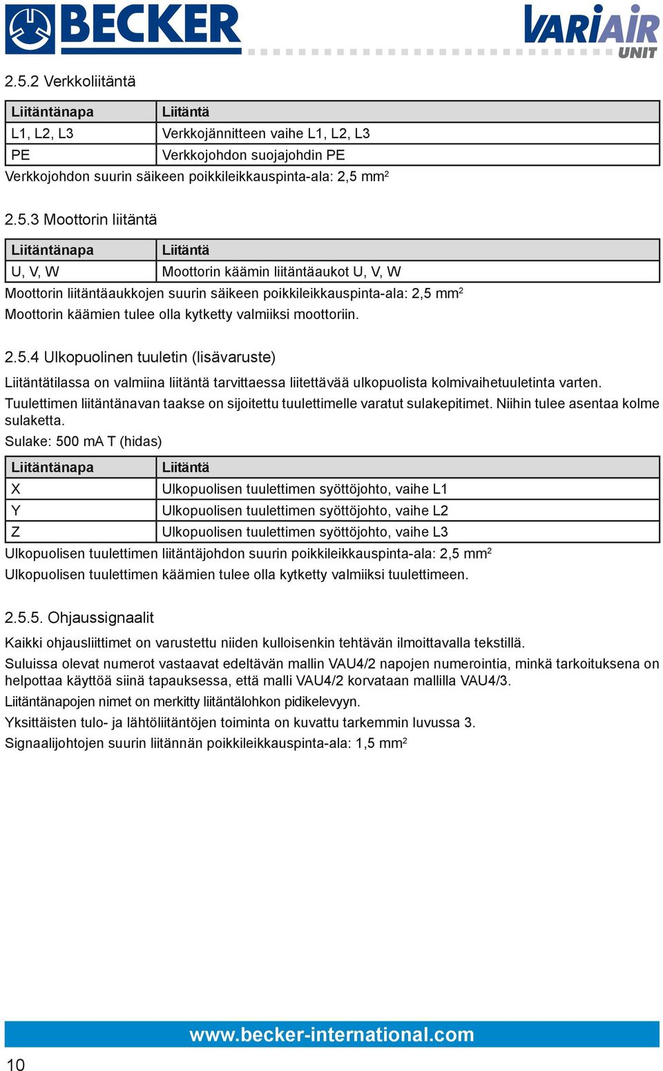 valmiiksi moottoriin. 2.5.4 Ulkopuolinen tuuletin (lisävaruste) Liitäntätilassa on valmiina liitäntä tarvittaessa liitettävää ulkopuolista kolmivaihetuuletinta varten.