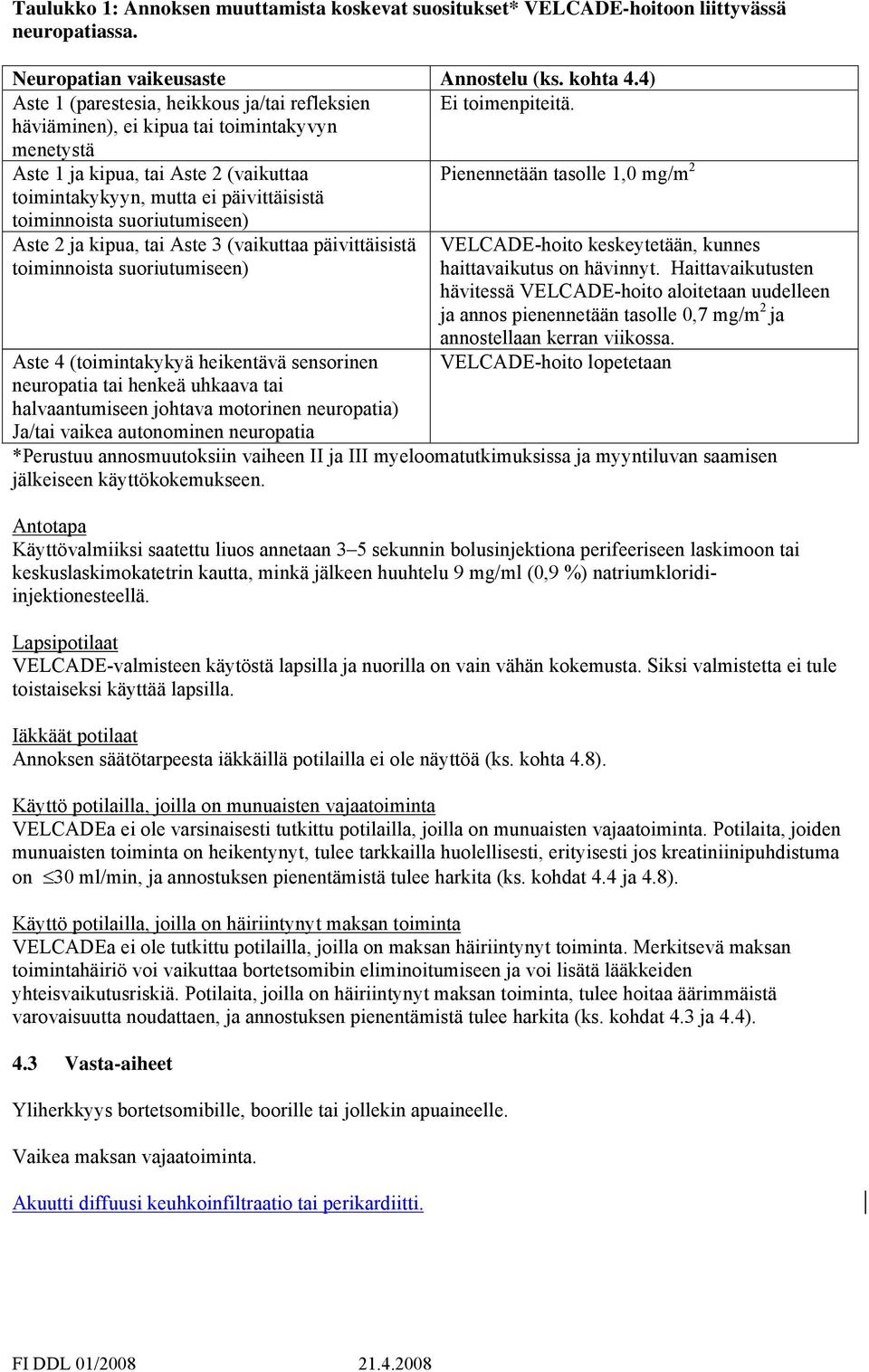 häviäminen), ei kipua tai toimintakyvyn menetystä Aste 1 ja kipua, tai Aste 2 (vaikuttaa Pienennetään tasolle 1,0 mg/m 2 toimintakykyyn, mutta ei päivittäisistä toiminnoista suoriutumiseen) Aste 2 ja
