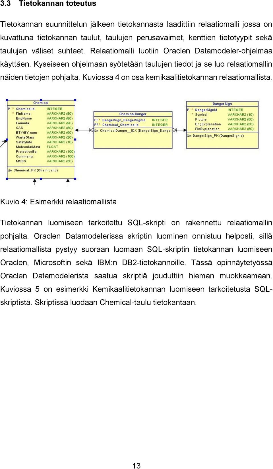 Kuviossa 4 on osa kemikaalitietokannan relaatiomallista. Kuvio 4: Esimerkki relaatiomallista Tietokannan luomiseen tarkoitettu SQL-skripti on rakennettu relaatiomallin pohjalta.