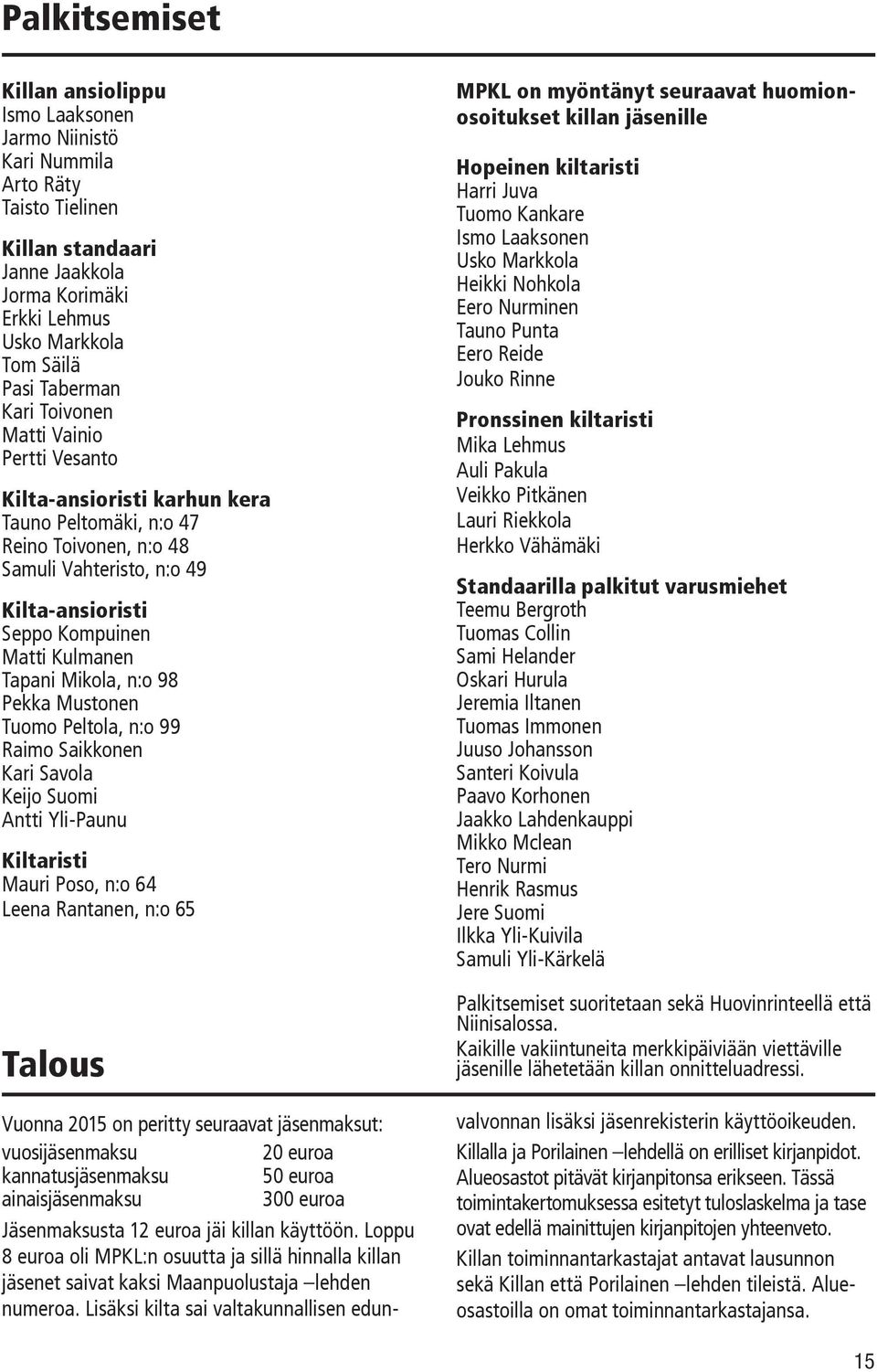 Mikola, n:o 98 Pekka Mustonen Tuomo Peltola, n:o 99 Raimo Saikkonen Kari Savola Keijo Suomi Antti Yli-Paunu Kiltaristi Mauri Poso, n:o 64 Leena Rantanen, n:o 65 Talous MPKL on myöntänyt seuraavat