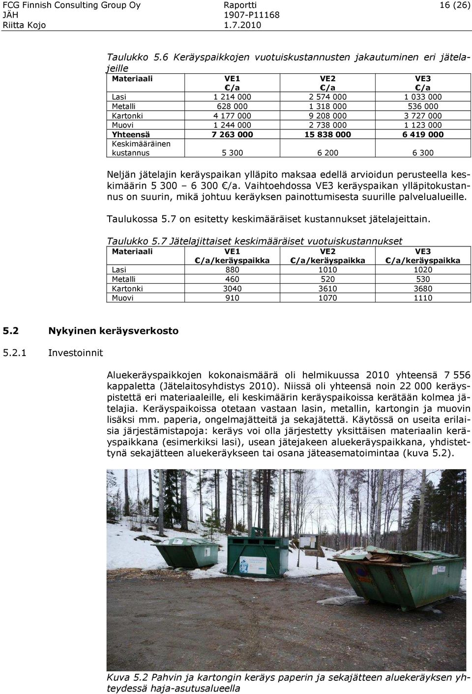 Muovi 1 244 000 2 738 000 1 123 000 Yhteensä 7 263 000 15 838 000 6 419 000 Keskimääräinen kustannus 5 300 6 200 6 300 Neljän jätelajin keräyspaikan ylläpito maksaa edellä arvioidun perusteella