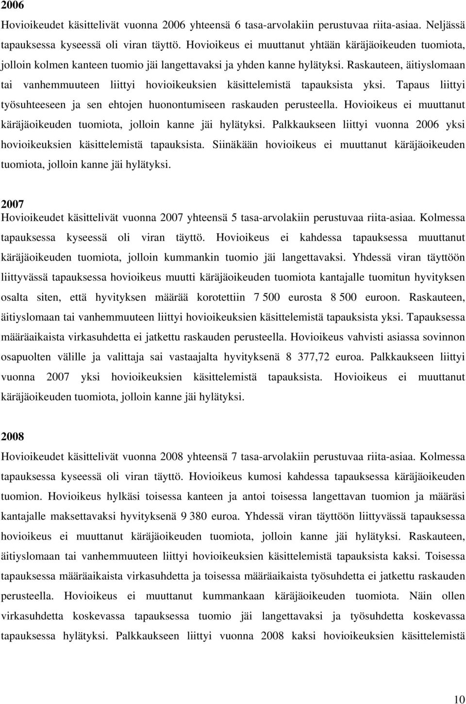 Raskauteen, äitiyslomaan tai vanhemmuuteen liittyi hovioikeuksien käsittelemistä tapauksista yksi. Tapaus liittyi työsuhteeseen ja sen ehtojen huonontumiseen raskauden perusteella.