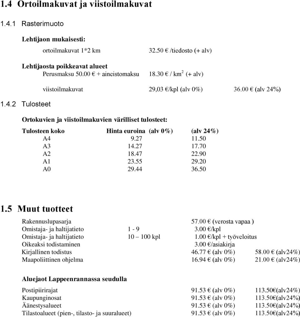 50 A3 14.27 17.70 A2 18.47 22.90 A1 23.55 29.20 A0 29.44 36.50 1.5 Muut tuotteet Rakennuslupasarja 57.00 (verosta vapaa ) Omistaja- ja haltijatieto 1-9 3.