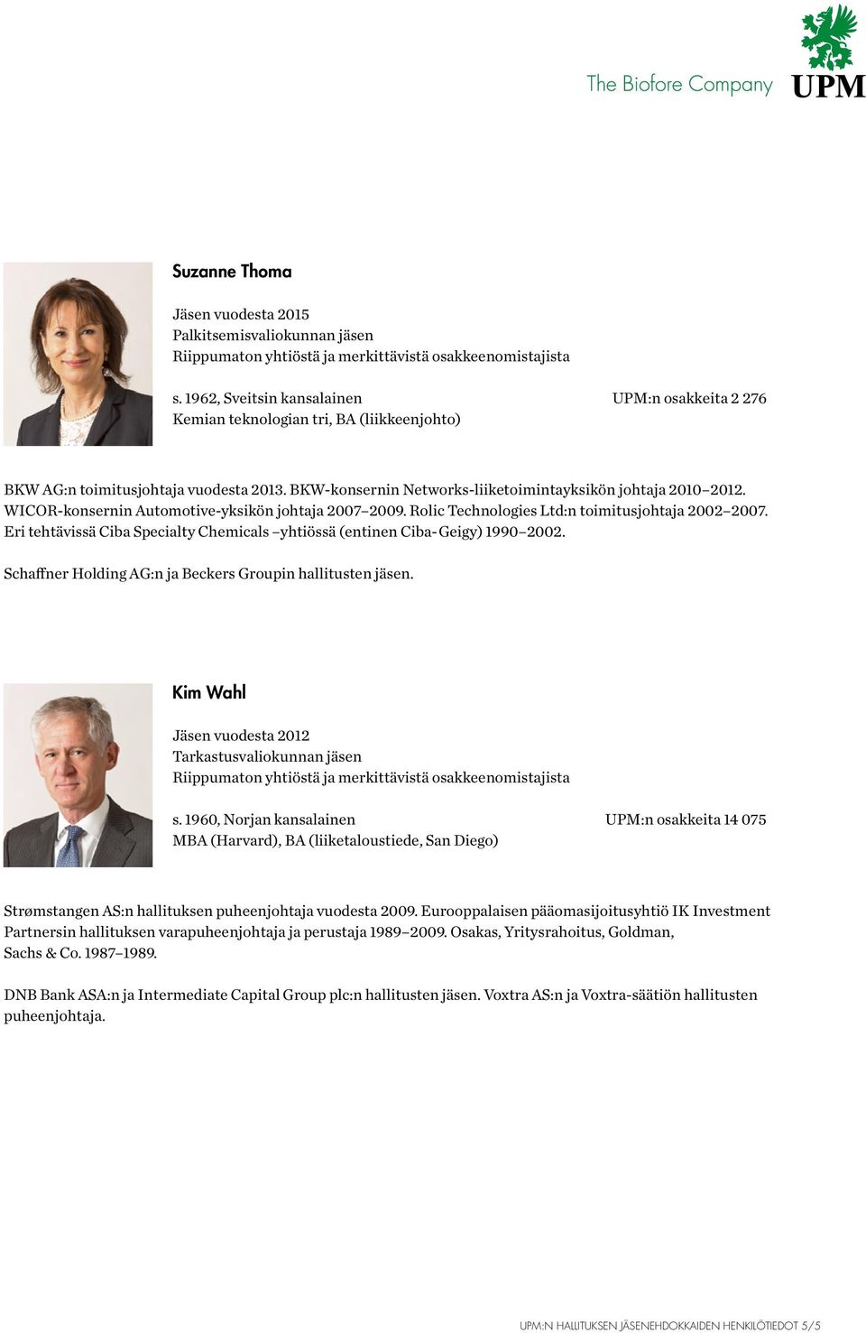 Eri tehtävissä Ciba Specialty Chemicals yhtiössä (entinen Ciba-Geigy) 1990 2002. Schaffner Holding AG:n ja Beckers Groupin hallitusten jäsen. Kim Wahl Jäsen vuodesta 2012 Tarkastusvaliokunnan jäsen s.