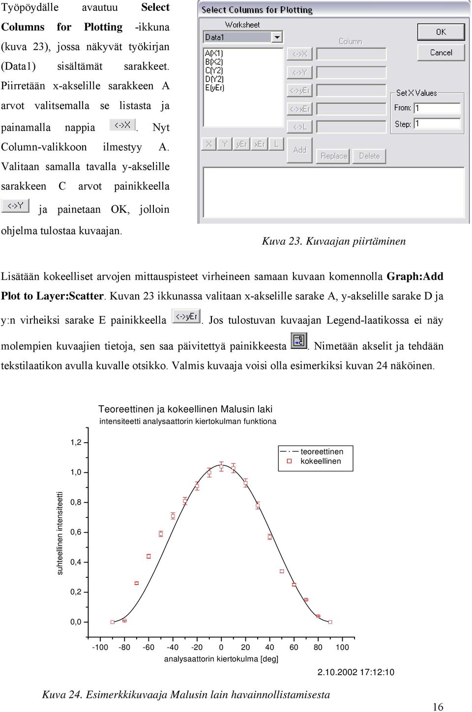 Valitaan samalla tavalla y-akselille sarakkeen C arvot painikkeella ja painetaan OK, jolloin ohjelma tulostaa kuvaajan. Kuva 23.