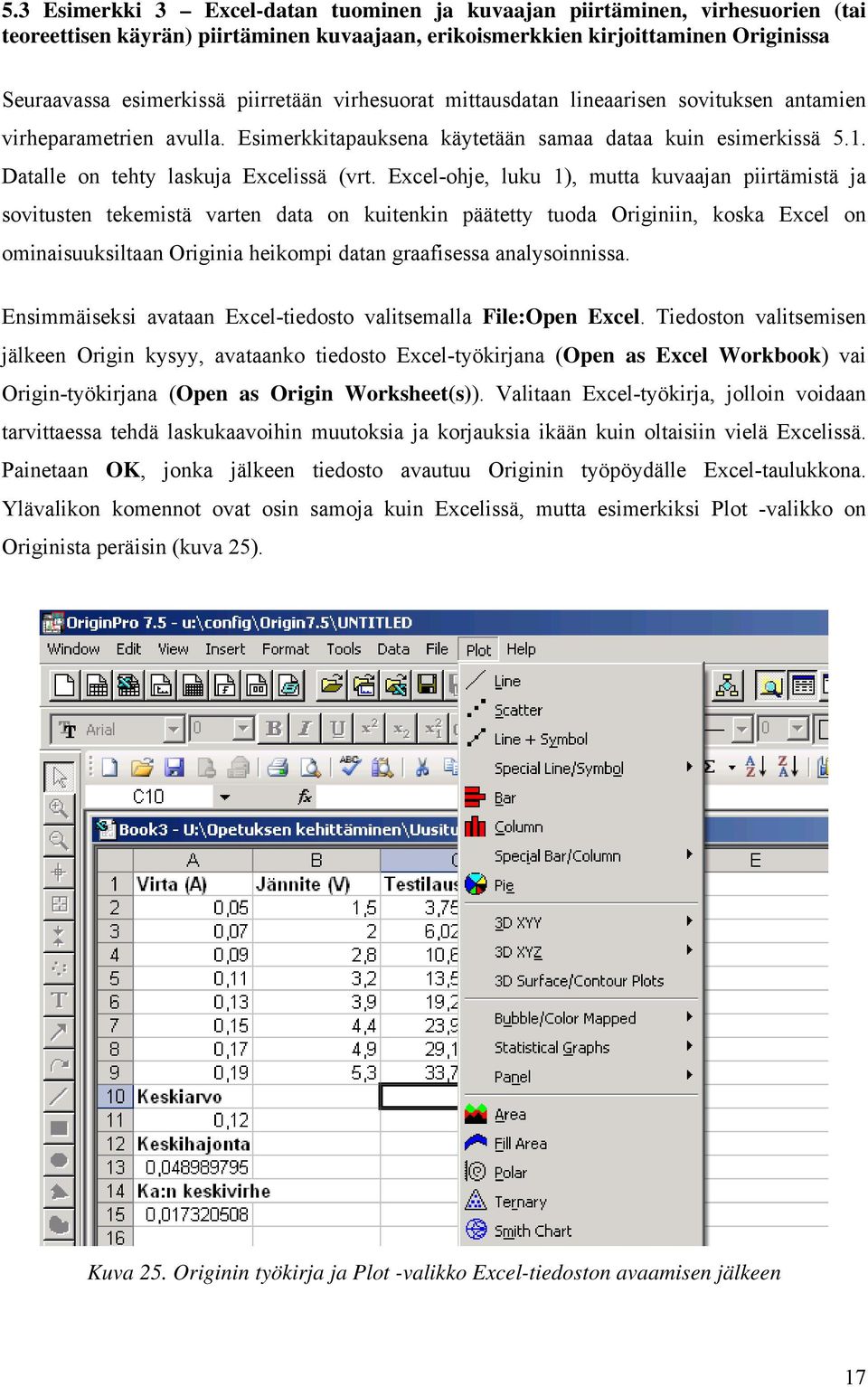 Excel-ohje, luku 1), mutta kuvaajan piirtämistä ja sovitusten tekemistä varten data on kuitenkin päätetty tuoda Originiin, koska Excel on ominaisuuksiltaan Originia heikompi datan graafisessa