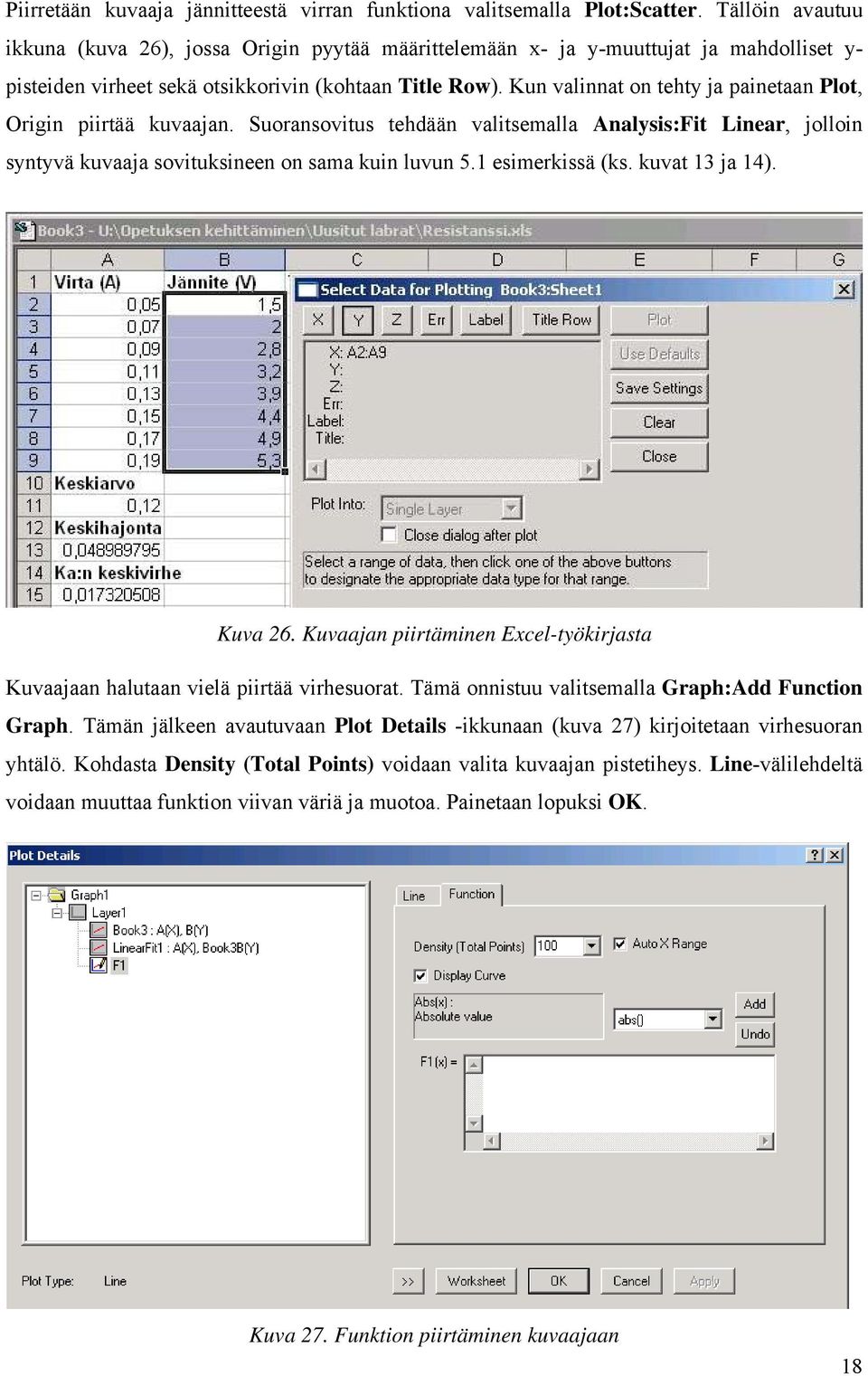 Kun valinnat on tehty ja painetaan Plot, Origin piirtää kuvaajan. Suoransovitus tehdään valitsemalla Analysis:Fit Linear, jolloin syntyvä kuvaaja sovituksineen on sama kuin luvun 5.1 esimerkissä (ks.