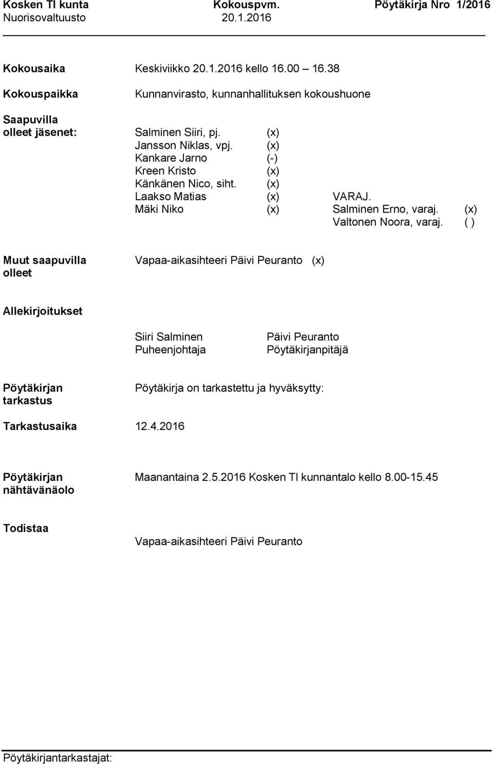 ( ) Muut saapuvilla olleet Vapaa-aikasihteeri Päivi Peuranto (x) Allekirjoitukset Siiri Salminen Puheenjohtaja Päivi Peuranto Pöytäkirjanpitäjä Pöytäkirjan tarkastus Pöytäkirja