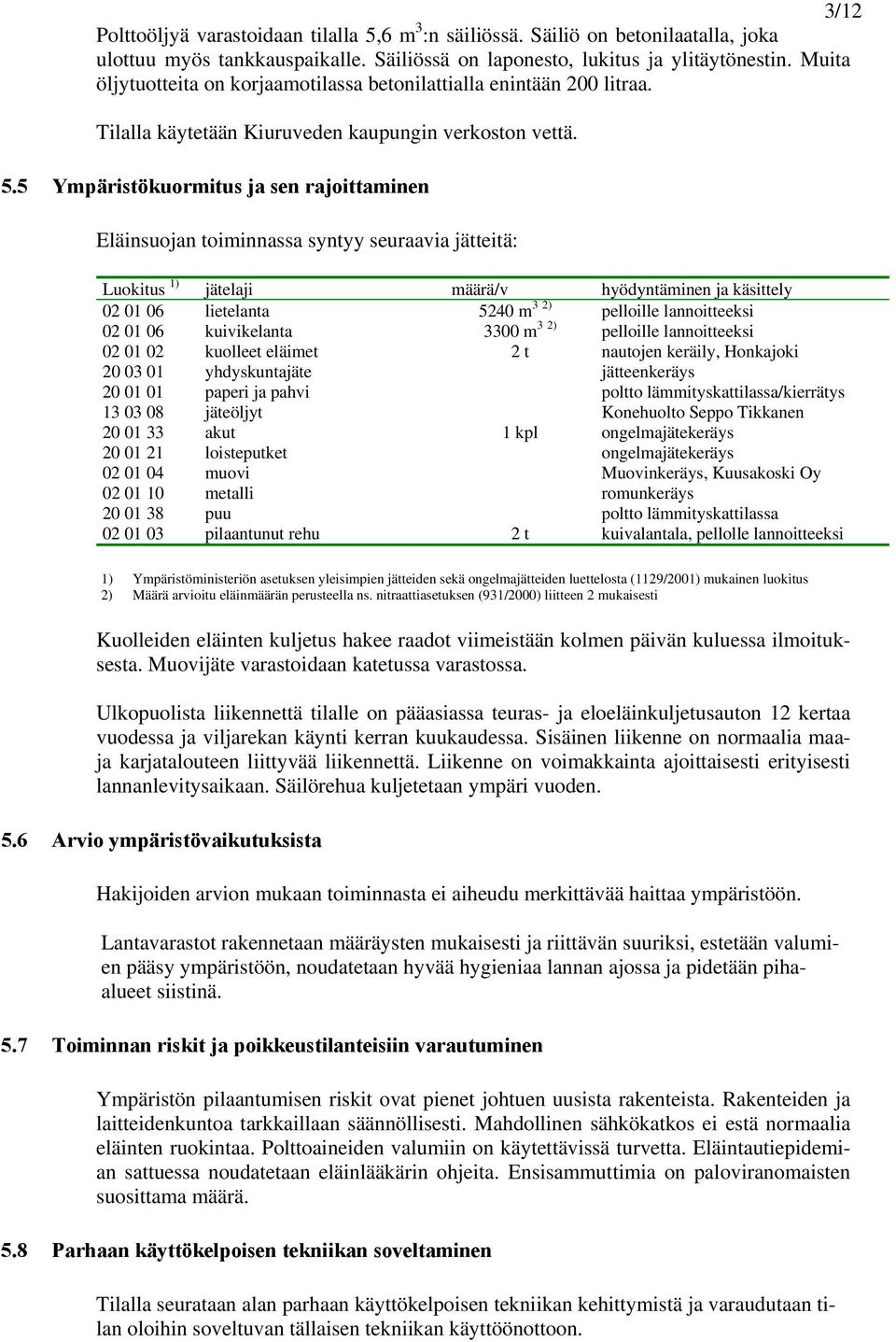 5 Ympäristökuormitus ja sen rajoittaminen Eläinsuojan toiminnassa syntyy seuraavia jätteitä: Luokitus 1) jätelaji määrä/v hyödyntäminen ja käsittely 02 01 06 lietelanta 5240 m 3 2) pelloille