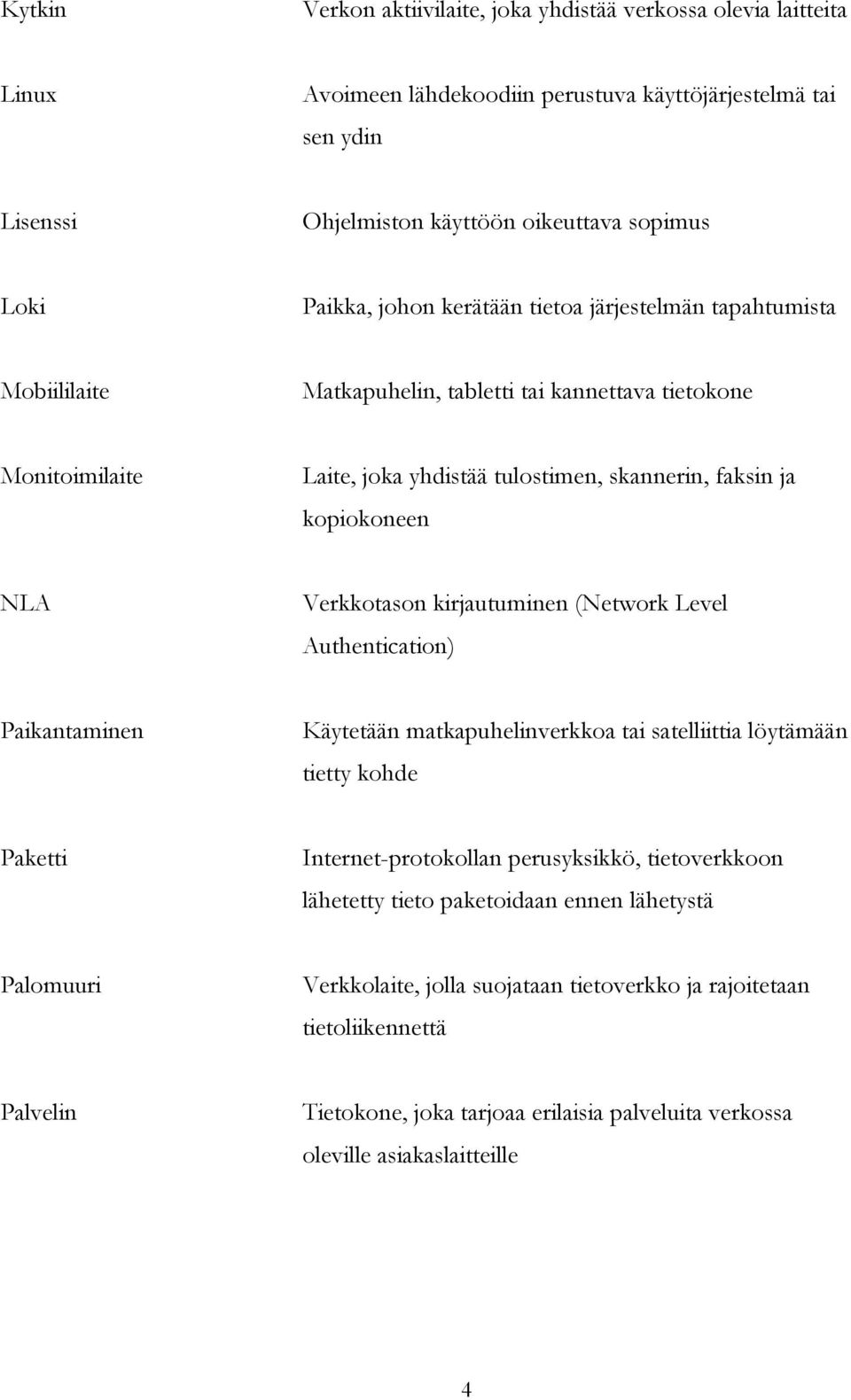 Verkkotason kirjautuminen (Network Level Authentication) Paikantaminen Käytetään matkapuhelinverkkoa tai satelliittia löytämään tietty kohde Paketti Internet-protokollan perusyksikkö, tietoverkkoon