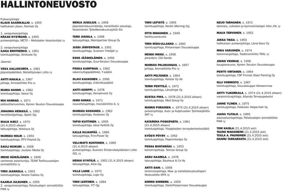 1967 johtaja, Ammattiliitto Pro ry MARIA HANHO, s. 1982 toimitusjohtaja, Vaissi Oy MIA HARKKO, s. 1971 pääluottamusmies, Kymen Seudun Osuuskauppa JOHANNA HEIKKILÄ, s.