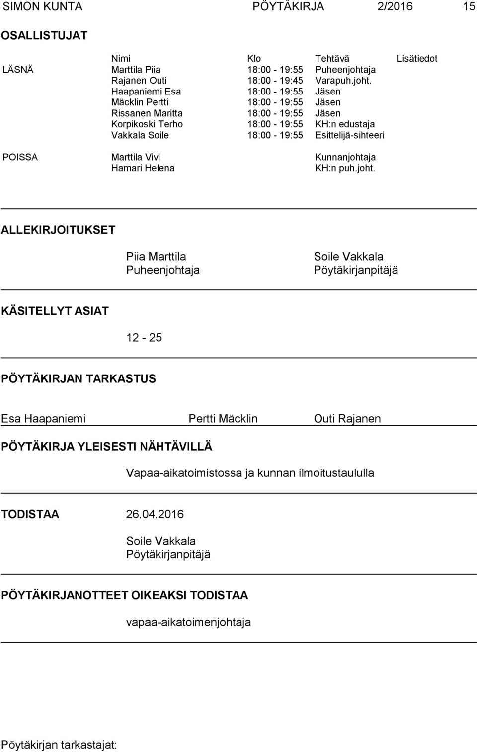 Haapaniemi Esa 18:00-19:55 Jäsen Mäcklin Pertti 18:00-19:55 Jäsen Rissanen Maritta 18:00-19:55 Jäsen Korpikoski Terho 18:00-19:55 KH:n edustaja Vakkala Soile 18:00-19:55 Esittelijä-sihteeri