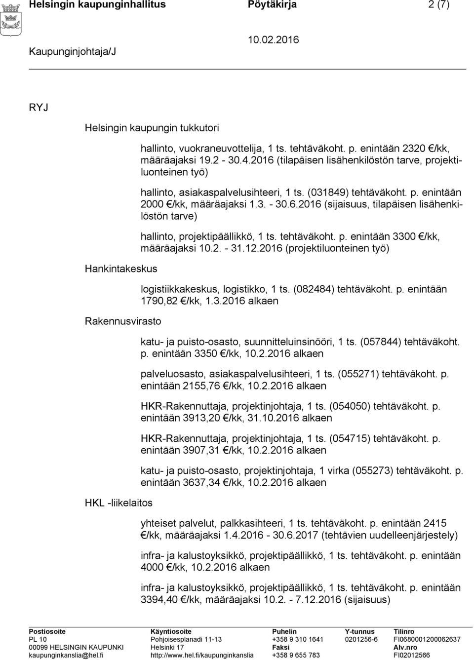 3. - 30.6.2016 (sijaisuus, tilapäisen lisähenkilöstön tarve) hallinto, projektipäällikkö, 1 ts. tehtäväkoht. p. enintään 3300 /kk, määräajaksi 10.2. - 31.12.