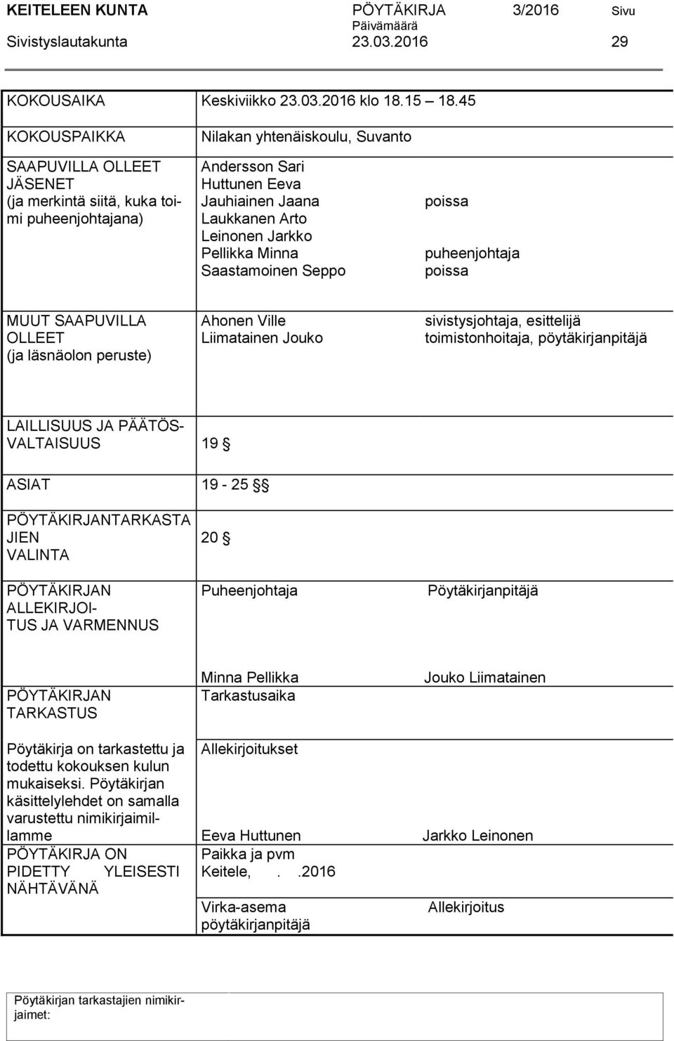 Pellikka Minna Saastamoinen Seppo poissa puheenjohtaja poissa MUUT SAAPUVILLA OLLEET (ja läsnäolon peruste) Ahonen Ville Liimatainen Jouko sivistysjohtaja, esittelijä toimistonhoitaja,