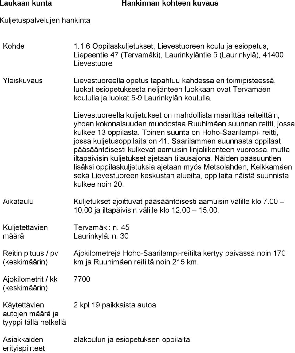 luokat esiopetuksesta neljänteen luokkaan ovat Tervamäen koululla ja luokat 5-9 Laurinkylän koululla.