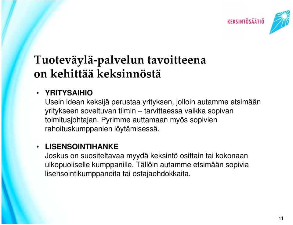 Pyrimme auttamaan myös sopivien rahoituskumppanien löytämisessä.