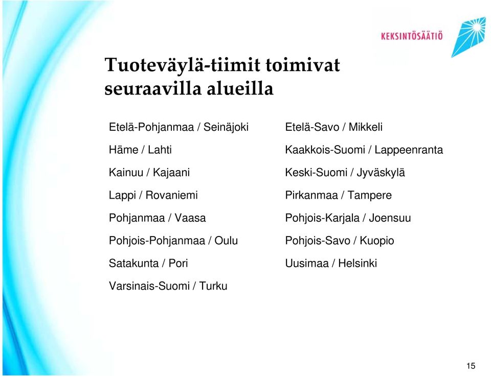 Pori Etelä-Savo / Mikkeli Kaakkois-Suomi / Lappeenranta Keski-Suomi / Jyväskylä Pirkanmaa /