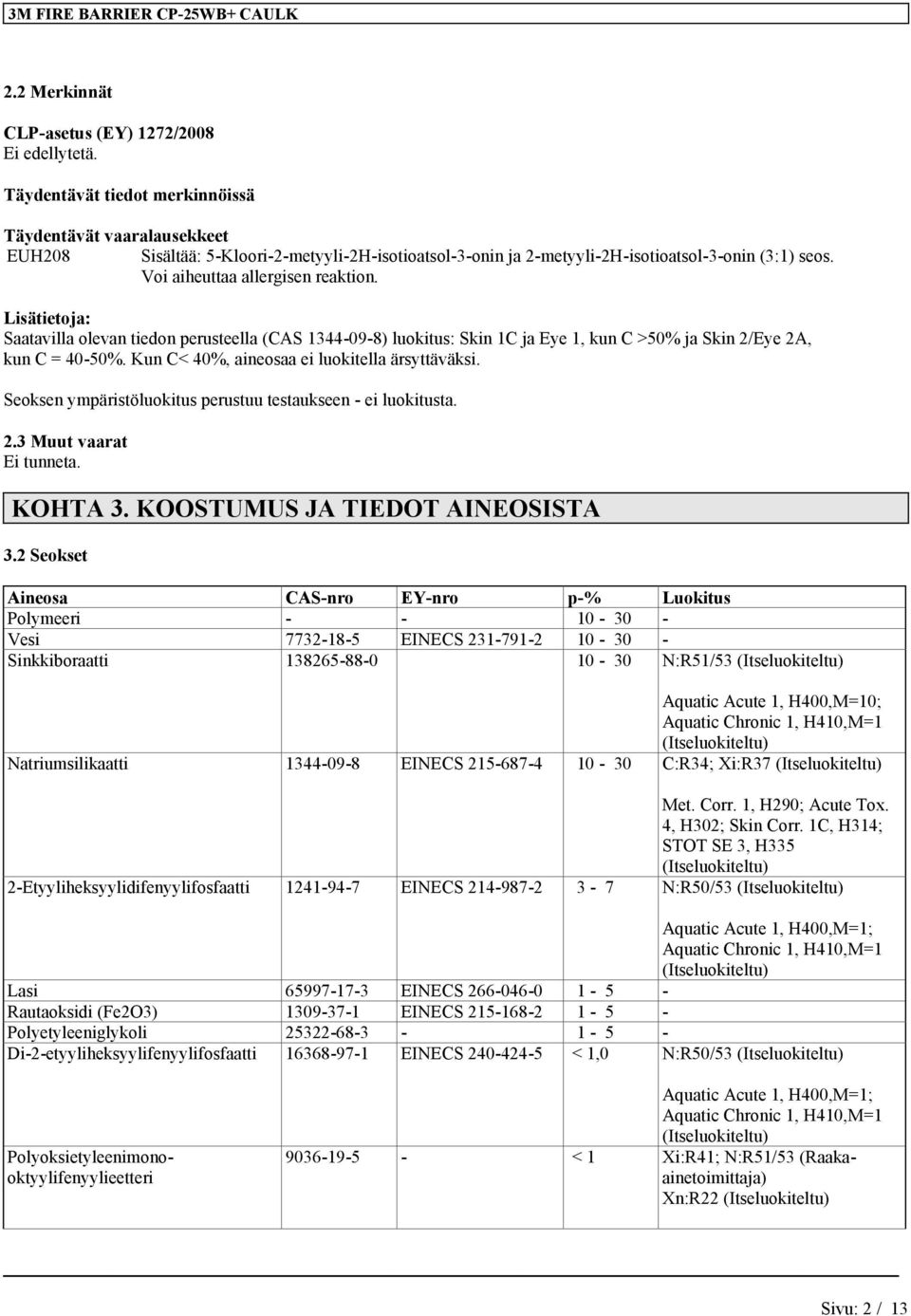 Lisätietoja: Saatavilla olevan tiedon perusteella (CAS 1344-09-8) luokitus: Skin 1C ja Eye 1, kun C >50% ja Skin 2/Eye 2A, kun C = 40-50%. Kun C< 40%, aineosaa ei luokitella ärsyttäväksi.