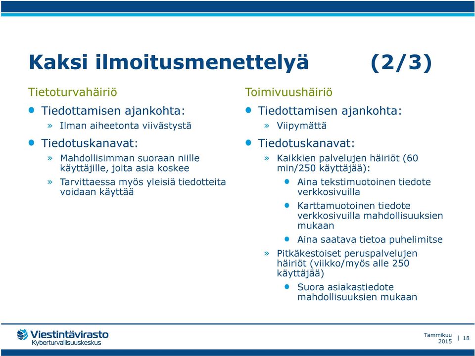 Tiedotuskanavat:» Kaikkien palvelujen häiriöt (60 min/250 käyttäjää): Aina tekstimuotoinen tiedote verkkosivuilla Karttamuotoinen tiedote verkkosivuilla