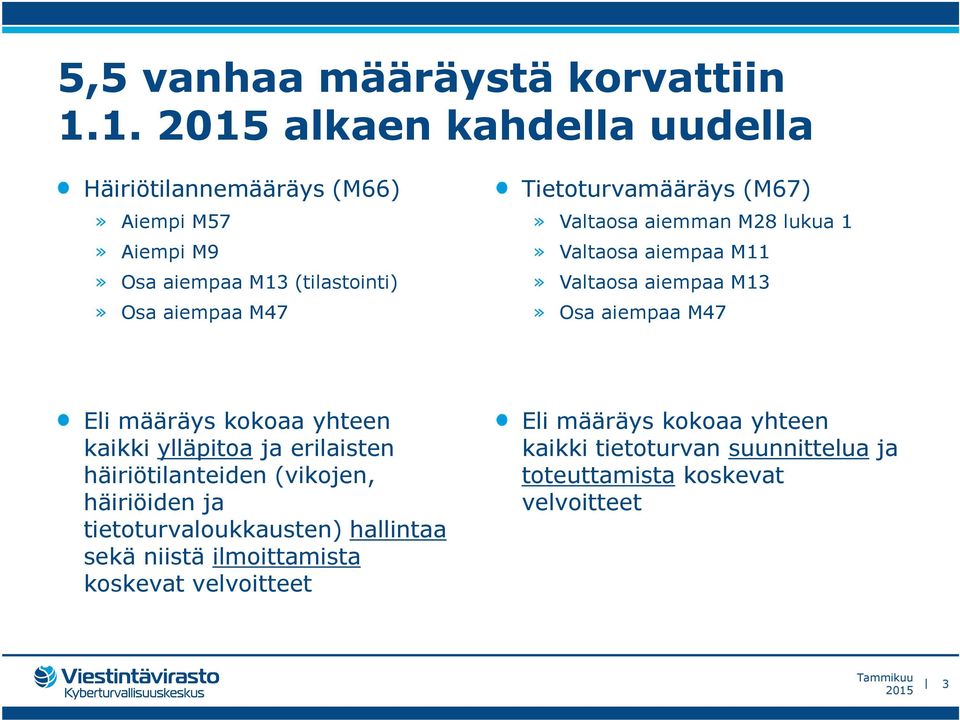 Tietoturvamääräys (M67)» Valtaosa aiemman M28 lukua 1» Valtaosa aiempaa M11» Valtaosa aiempaa M13» Osa aiempaa M47 Eli määräys kokoaa