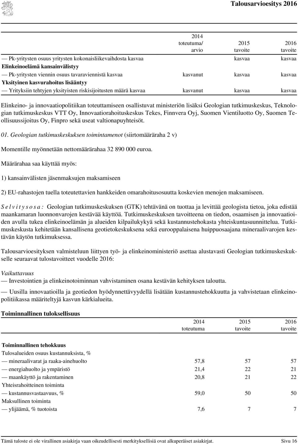 Geologian tutkimuskeskus, Teknologian tutkimuskeskus VTT Oy, Innovaatiorahoituskeskus Tekes, Finnvera Oyj, Suomen Vientiluotto Oy, Suomen Teollisuussijoitus Oy, Finpro sekä useat valtionapuyhteisöt.