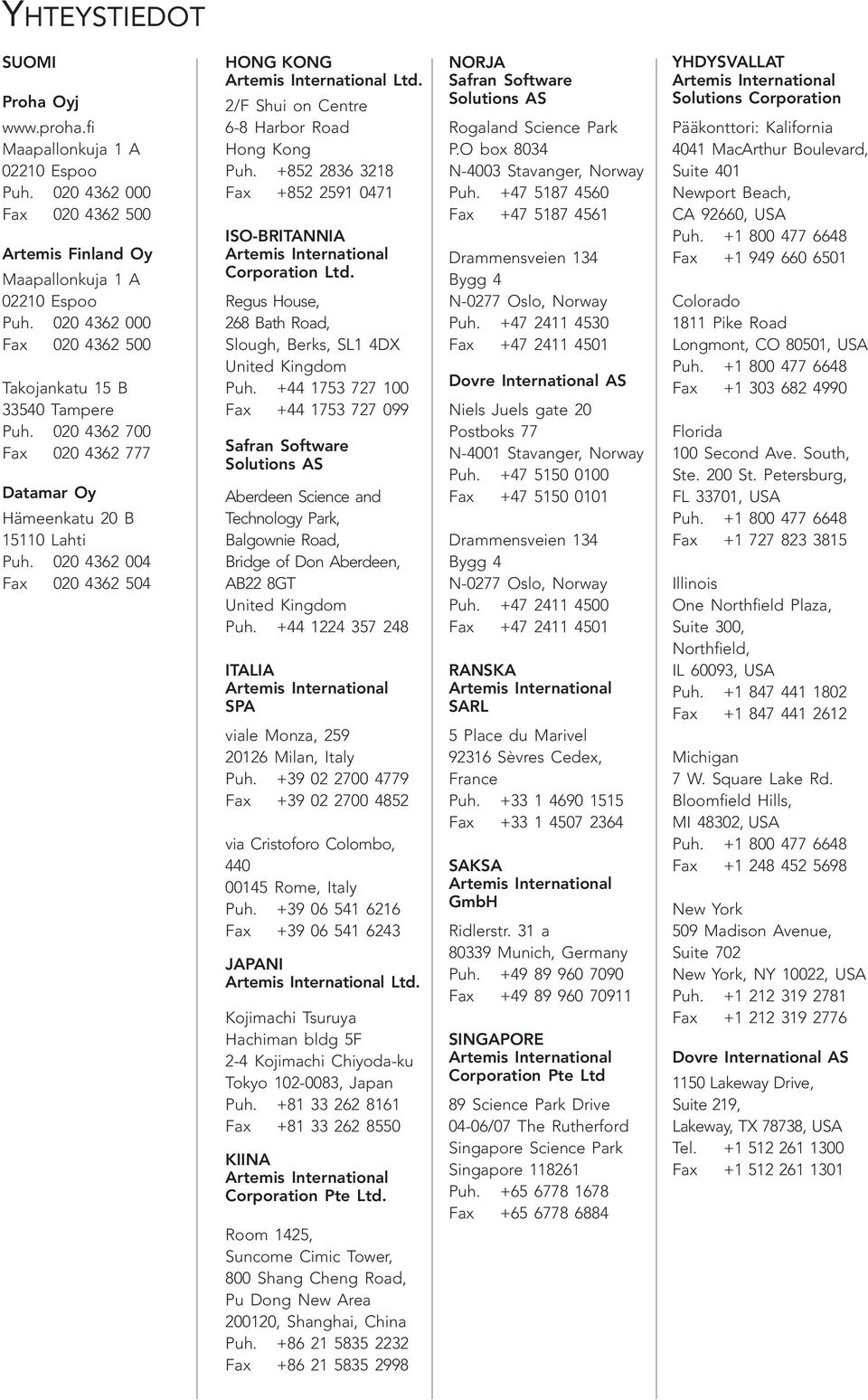 020 4362 004 Fax 020 4362 504 HONG KONG Artemis International Ltd. 2/F Shui on Centre 6-8 Harbor Road Hong Kong Puh.