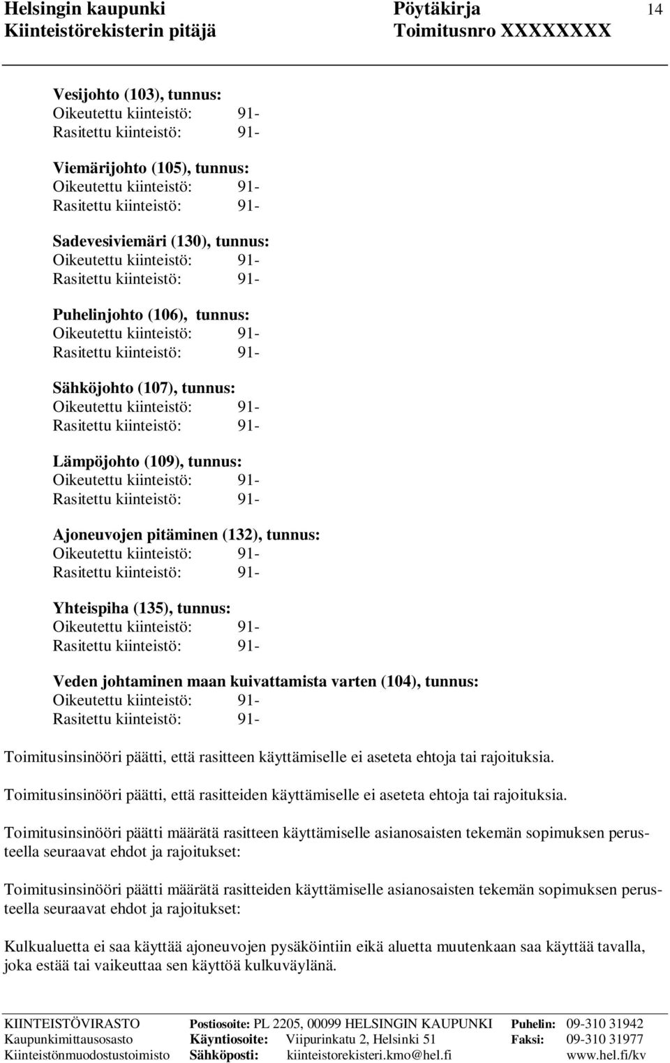 rajoituksia. Toimitusinsinööri päätti, että rasitteiden käyttämiselle ei aseteta ehtoja tai rajoituksia.