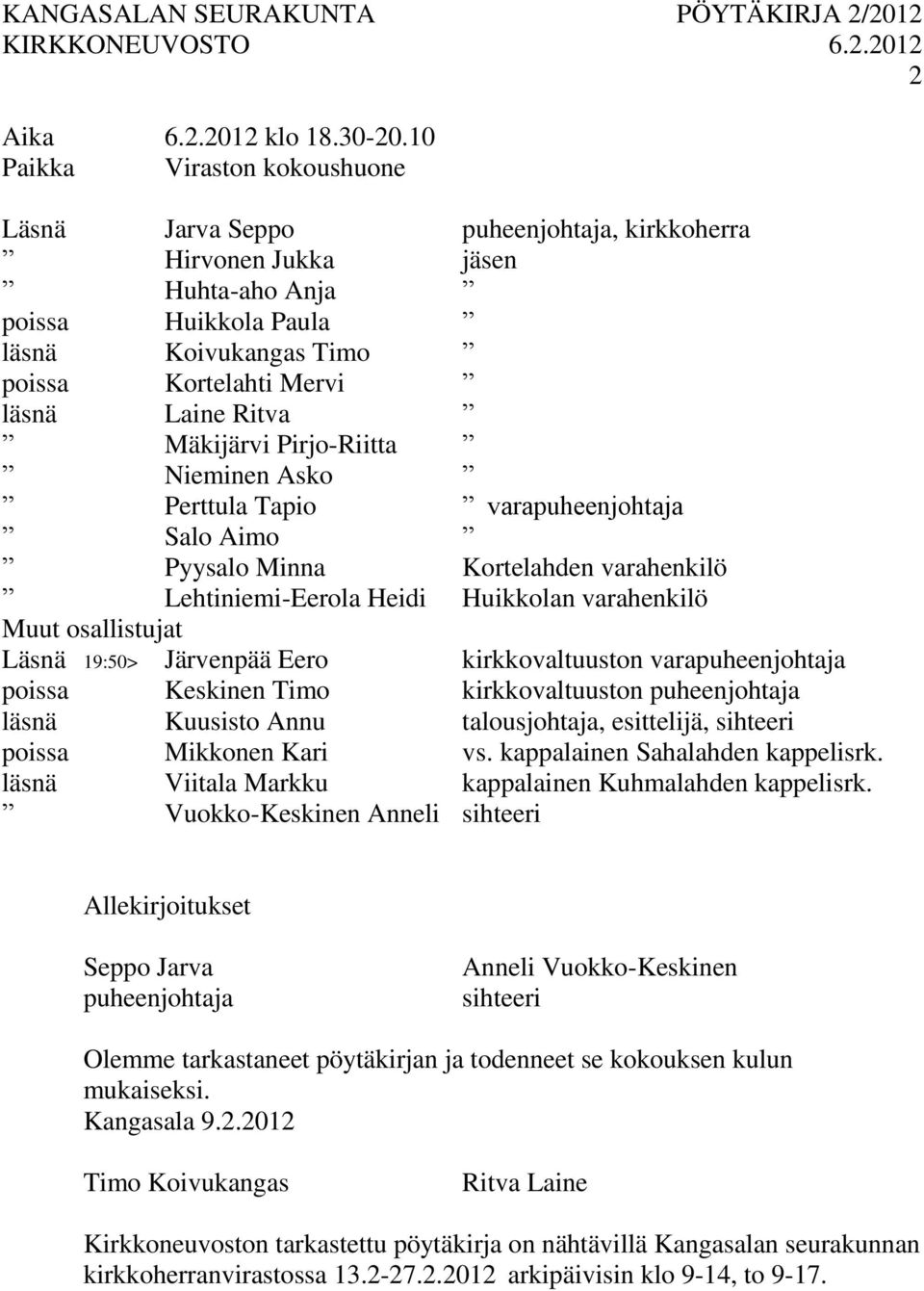 Mäkijärvi Pirjo-Riitta Nieminen Asko Perttula Tapio varapuheenjohtaja Salo Aimo Pyysalo Minna Kortelahden varahenkilö Lehtiniemi-Eerola Heidi Huikkolan varahenkilö Muut osallistujat Läsnä 19:50>