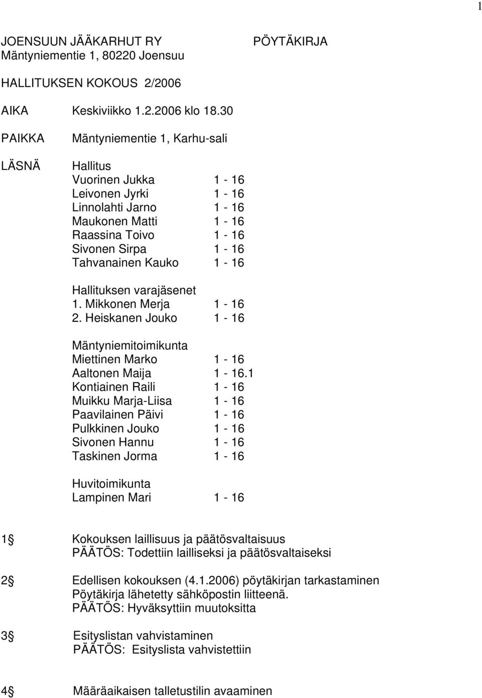 Hallituksen varajäsenet 1. Mikkonen Merja 1-16 2. Heiskanen Jouko 1-16 Mäntyniemitoimikunta Miettinen Marko 1-16 Aaltonen Maija 1-16.