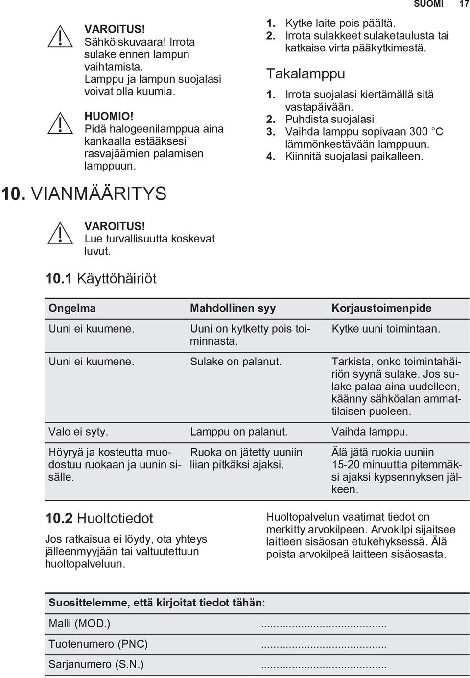 Takalamppu 1. Irrota suojalasi kiertämällä sitä vastapäivään. 2. Puhdista suojalasi. 3. Vaihda lamppu sopivaan 300 C lämmönkestävään lamppuun. 4. Kiinnitä suojalasi paikalleen. VAROITUS!