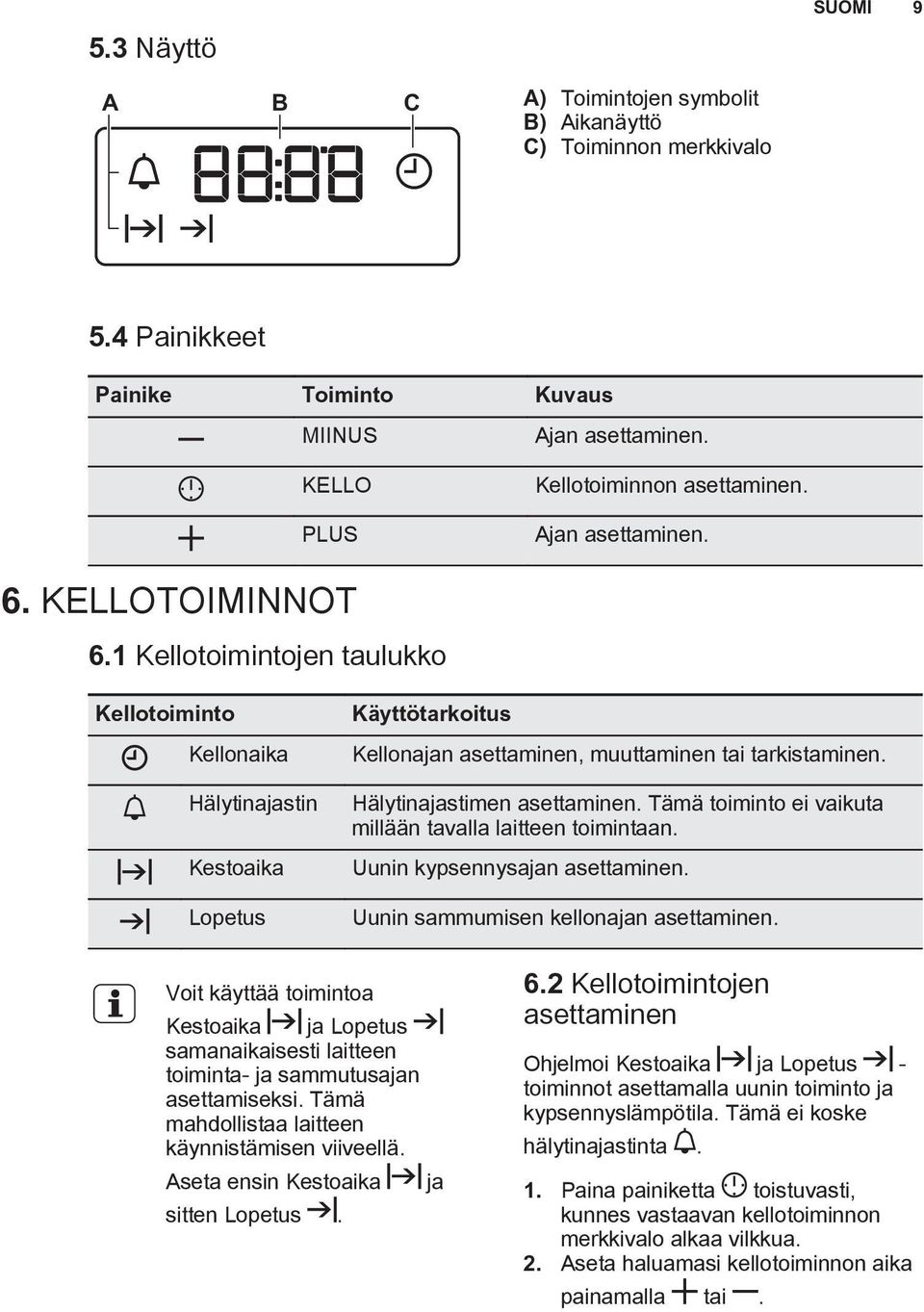 Hälytinajastimen asettaminen. Tämä toiminto ei vaikuta millään tavalla laitteen toimintaan. Uunin kypsennysajan asettaminen. Uunin sammumisen kellonajan asettaminen.