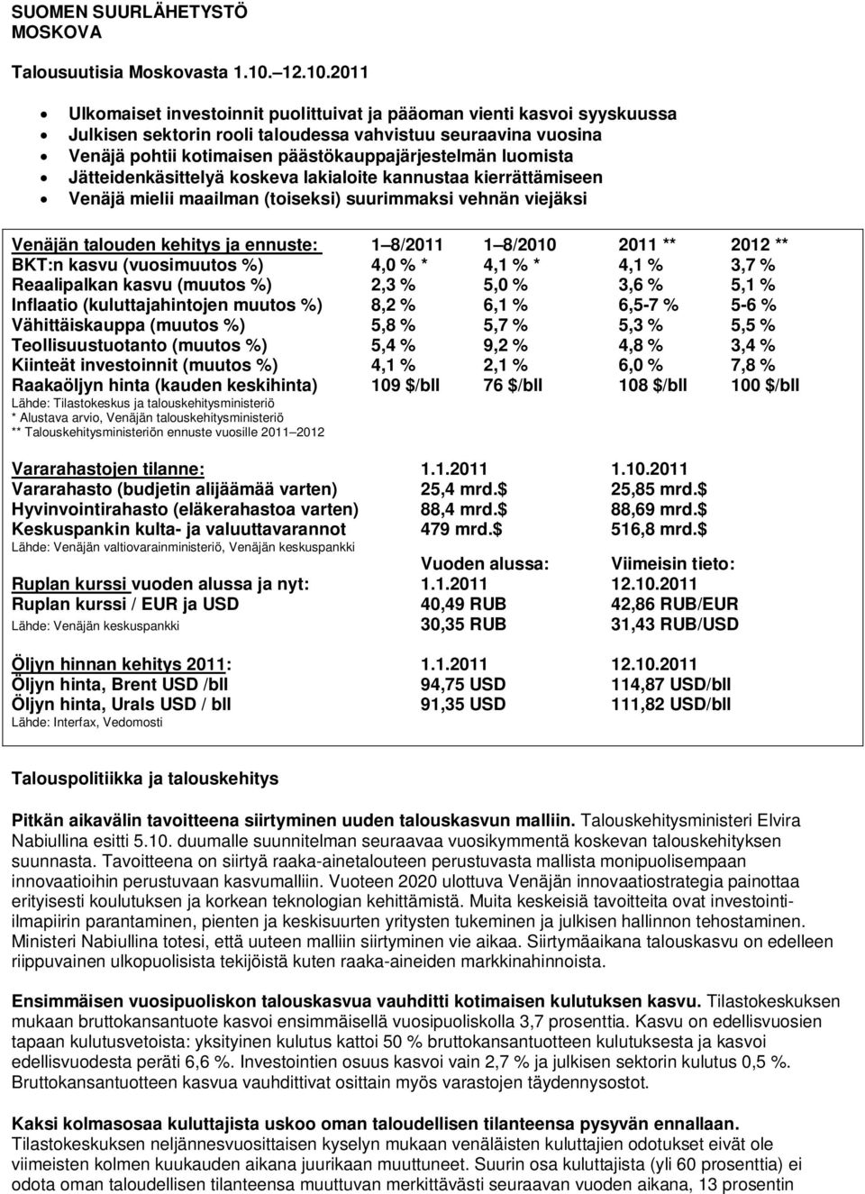 2011 Ulkomaiset investoinnit puolittuivat ja pääoman vienti kasvoi syyskuussa Julkisen sektorin rooli taloudessa vahvistuu seuraavina vuosina Venäjä pohtii kotimaisen päästökauppajärjestelmän