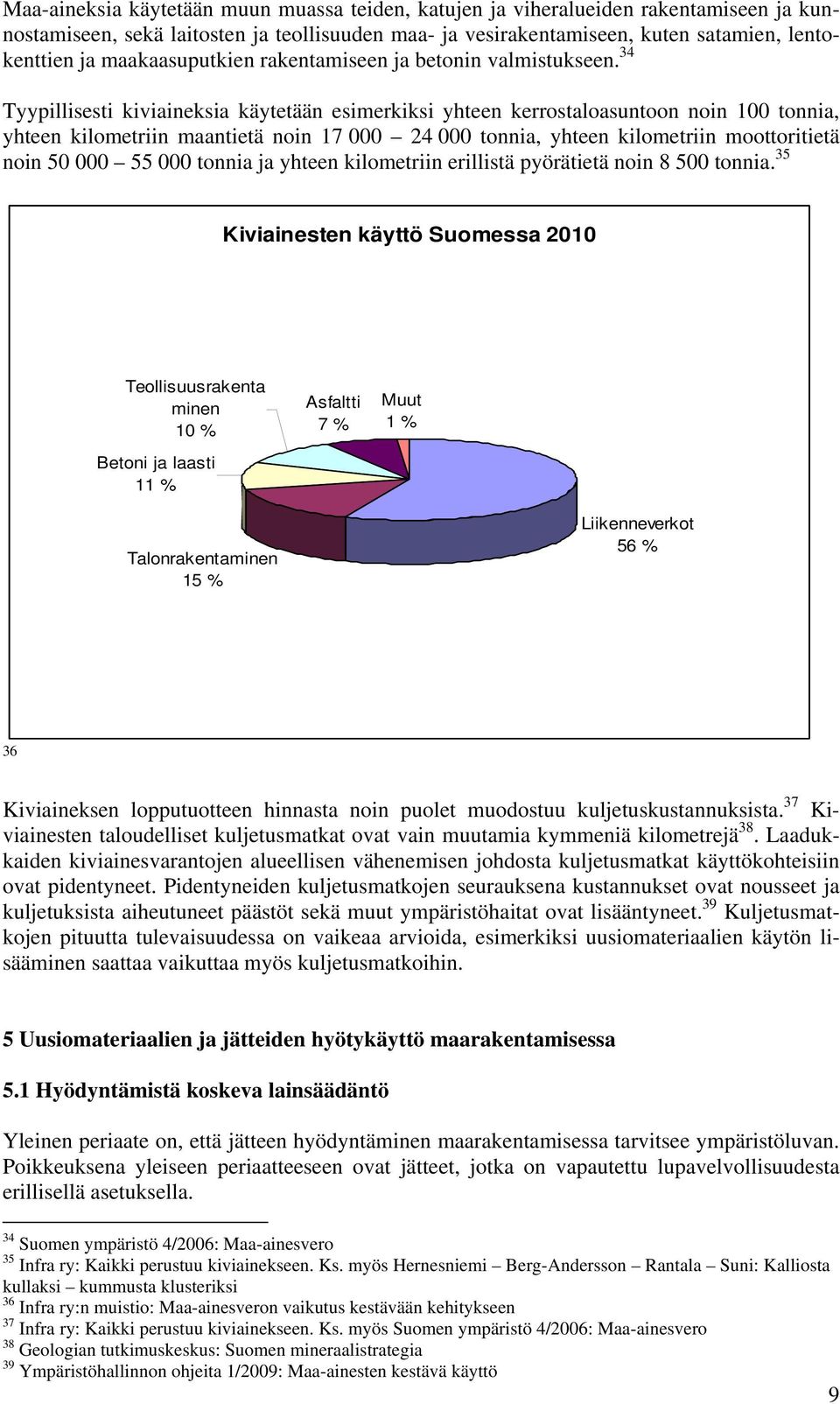 34 Tyypillisesti kiviaineksia käytetään esimerkiksi yhteen kerrostaloasuntoon noin 100 tonnia, yhteen kilometriin maantietä noin 17 000 24 000 tonnia, yhteen kilometriin moottoritietä noin 50 000 55