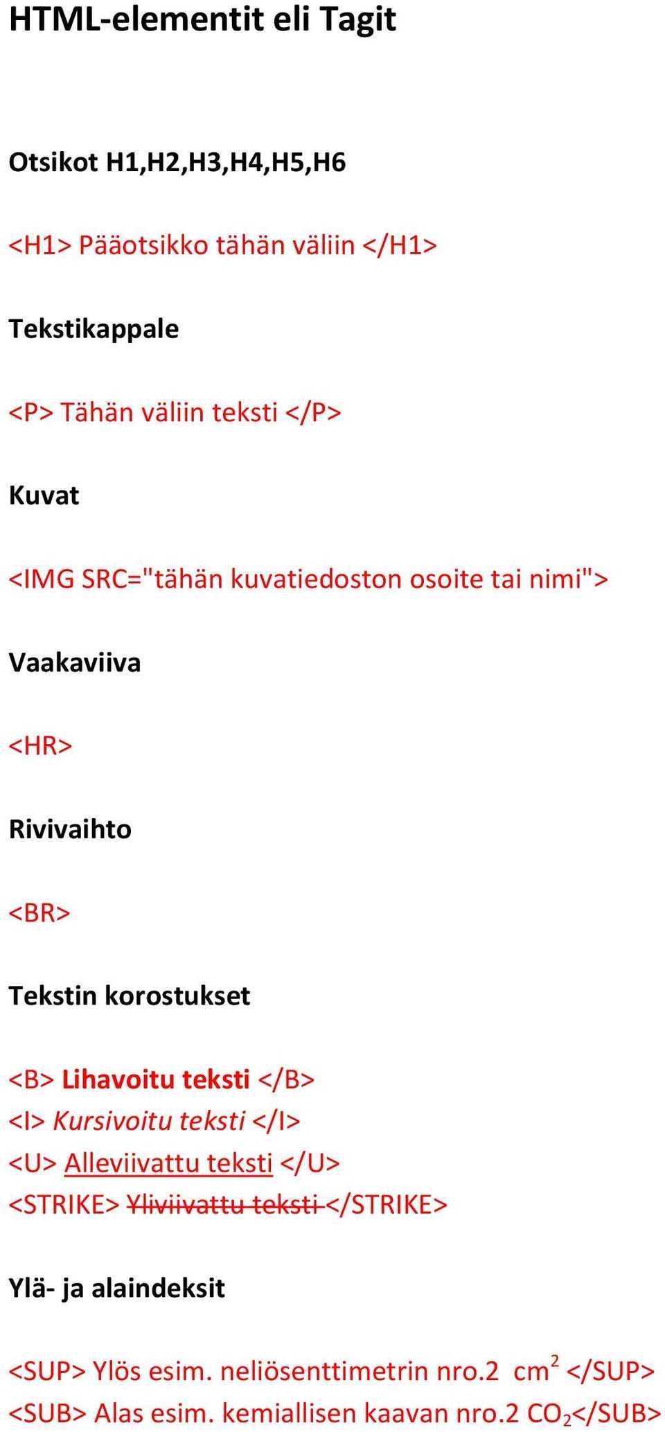 <B> Lihavoitu teksti </B> <I> Kursivoitu teksti </I> <U> Alleviivattu teksti </U> <STRIKE> Yliviivattu teksti </STRIKE>