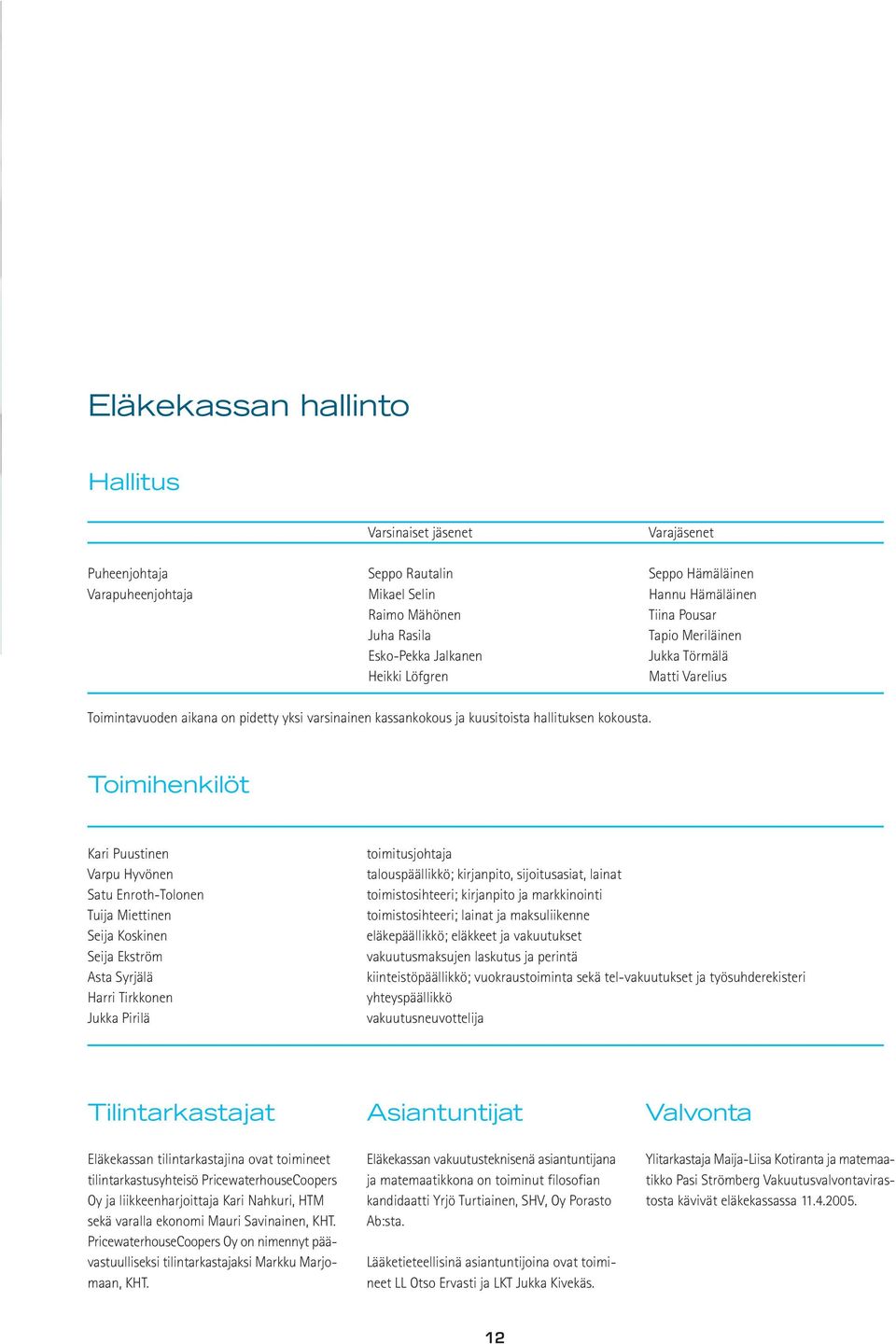 Toimihenkilöt Kari Puustinen Varpu Hyvönen Satu Enroth-Tolonen Tuija Miettinen Seija Koskinen Seija Ekström Asta Syrjälä Harri Tirkkonen Jukka Pirilä toimitusjohtaja talouspäällikkö; kirjanpito,