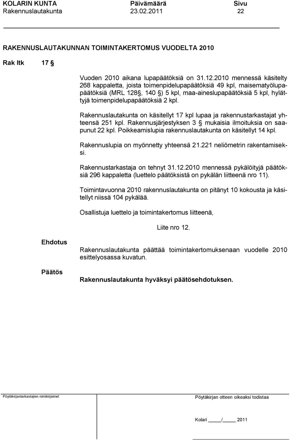 Rakennuslautakunta on käsitellyt 17 kpl lupaa ja rakennustarkastajat yhteensä 251 kpl. Rakennusjärjestyksen 3 mukaisia ilmoituksia on saapunut 22 kpl.