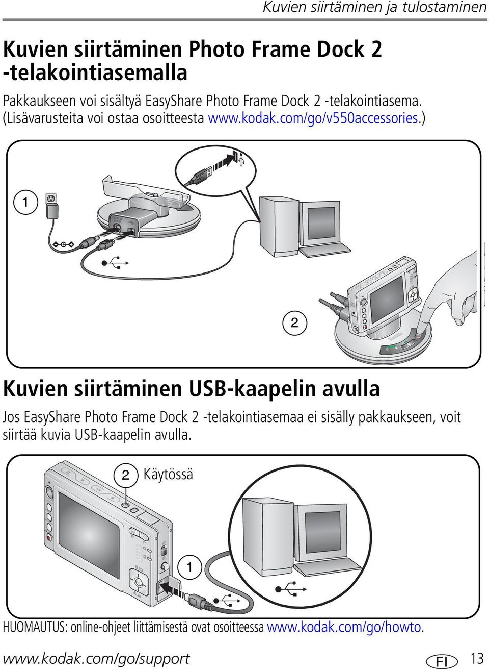 ) 1 2 Kuvien siirtäminen USB-kaapelin avulla Jos EasyShare Photo Frame Dock 2 -telakointiasemaa ei sisälly pakkaukseen, voit