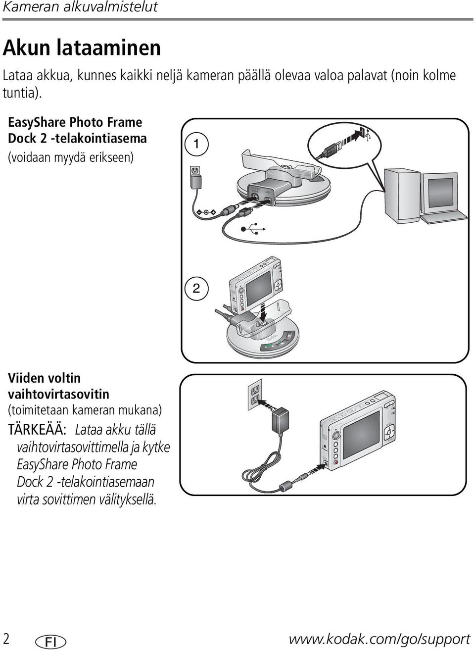 EasyShare Photo Frame Dock 2 -telakointiasema (voidaan myydä erikseen) 1 2 Viiden voltin vaihtovirtasovitin