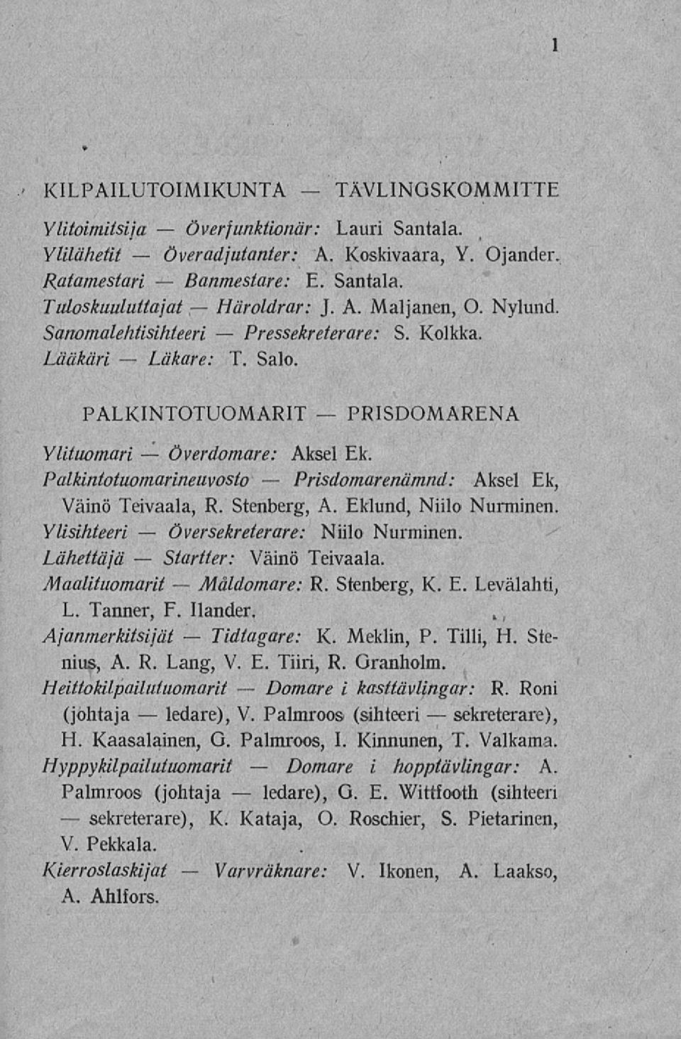 Sanomalehtisihteeri S. Kolkka. Lääkäri T. Salo. erfunktionär: PALKINTOTUOMARIT PRISDOMARENA Ylituomari Aksel Ek. Palkintotuomarineuvosto Aksel Ek, Väinö Teivaala, R. Stenberg, A.