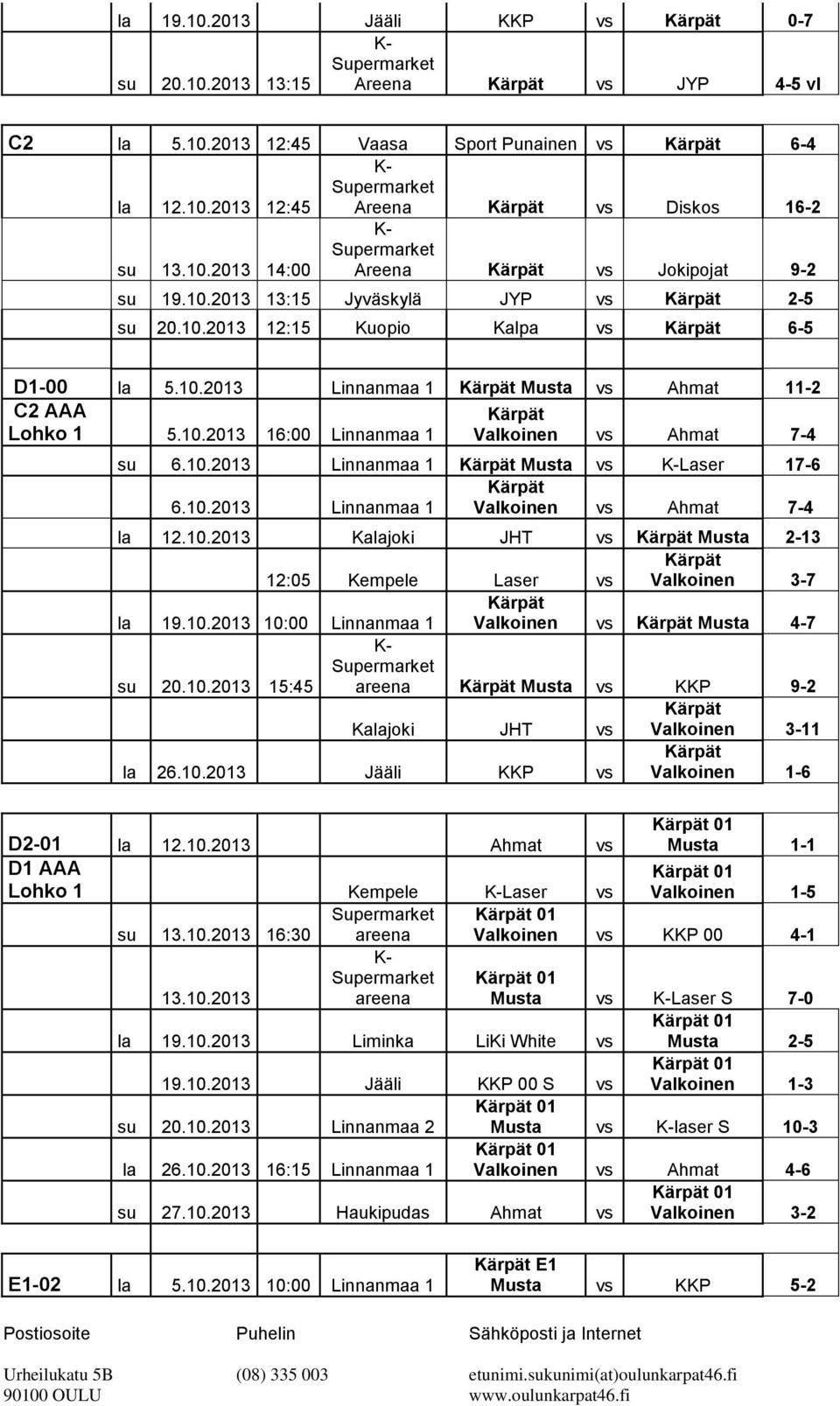 10.2013 Linnanmaa 1 vs Ahmat 7-4 la 12.10.2013 Kalajoki JHT vs Musta 2-13 12:05 Kempele Laser vs 3-7 la 19.10.2013 10:00 Linnanmaa 1 vs Musta 4-7 su 20.10.2013 15:45 areena Musta vs KKP 9-2 Kalajoki JHT vs 3-11 la 26.