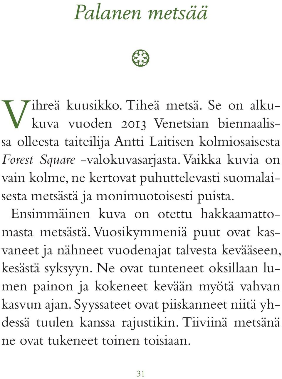 Vaikka kuvia on vain kolme, ne kertovat puhuttelevasti suomalaisesta metsästä ja monimuotoisesti puista. Ensimmäinen kuva on otettu hakkaamattomasta metsästä.