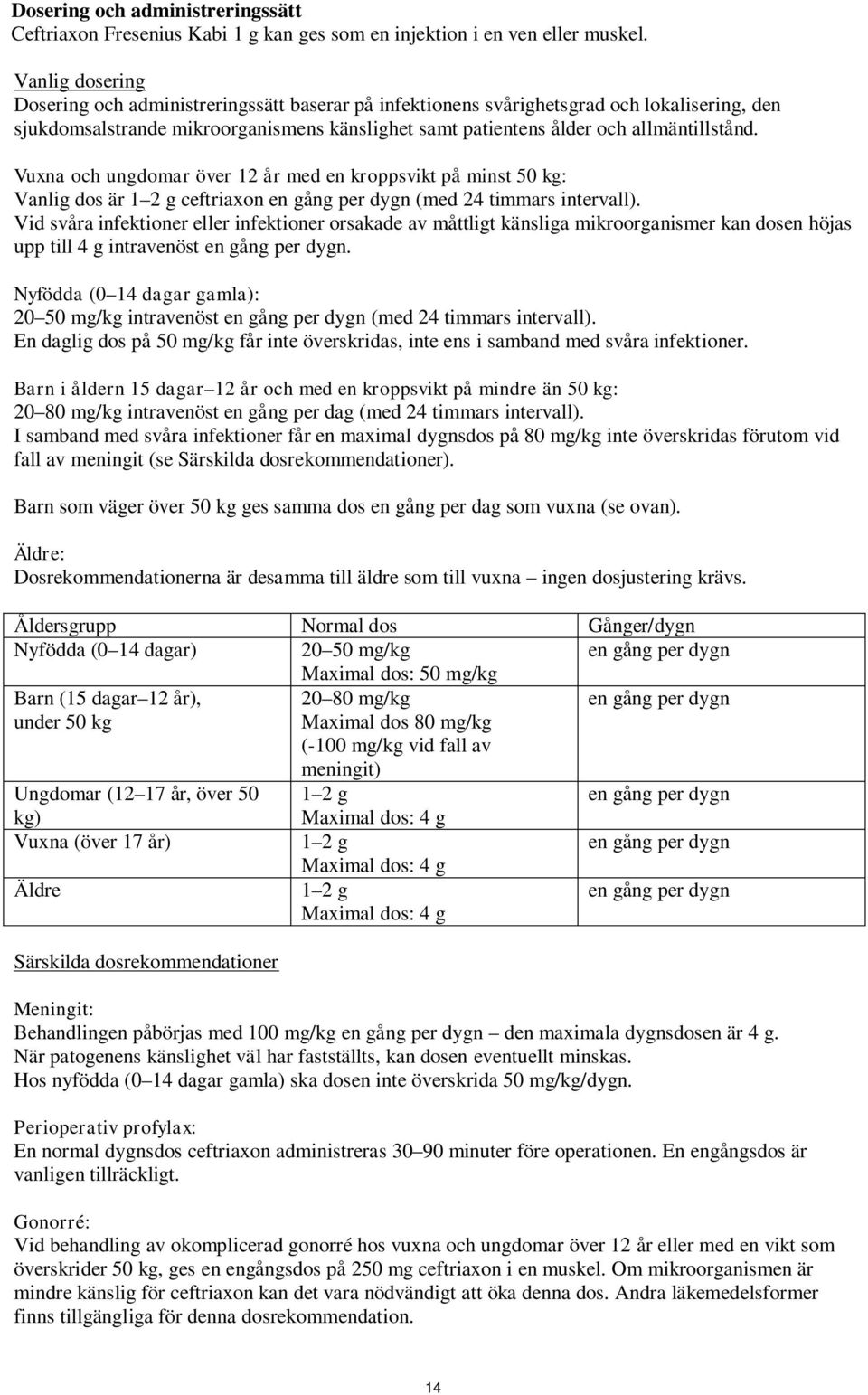 Vuxna och ungdomar över 12 år med en kroppsvikt på minst 50 kg: Vanlig dos är 1 2 g ceftriaxon en gång per dygn (med 24 timmars intervall).