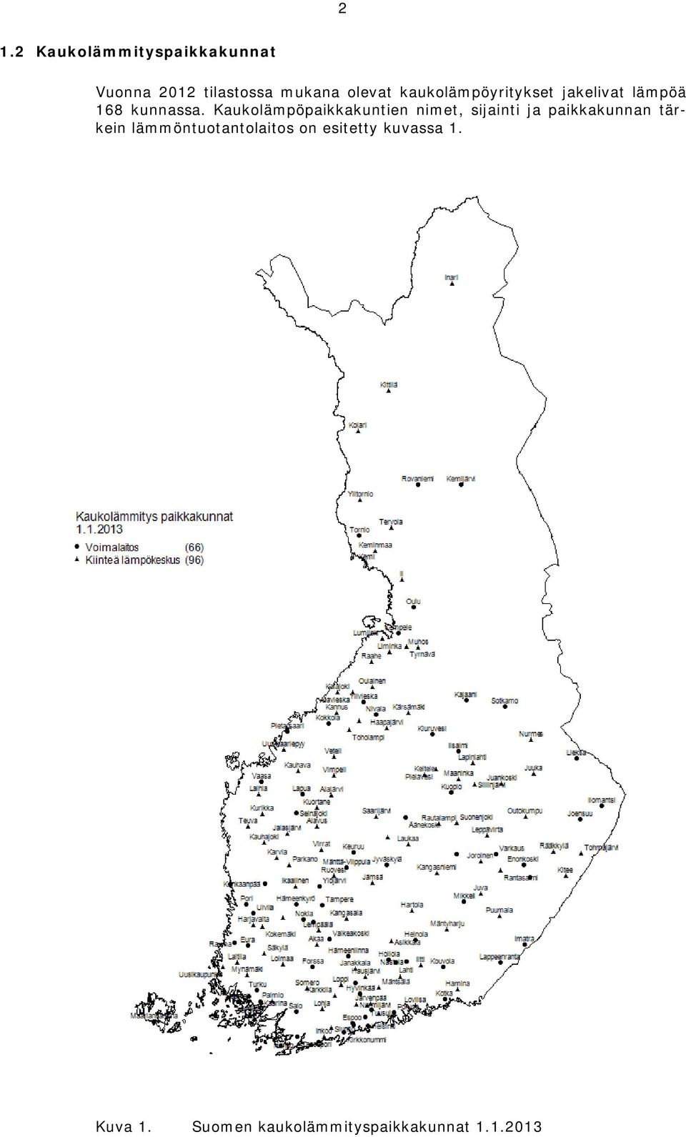 Kaukolämpöpaikkakuntien nimet, sijainti ja paikkakunnan tärkein