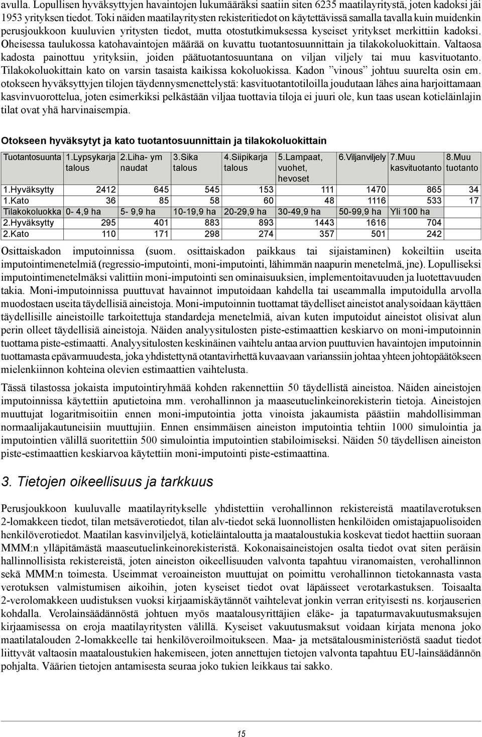 Oheisessa taulukossa katohavaintojen määrää on kuvattu tuotantosuunnittain ja tilakokoluokittain.