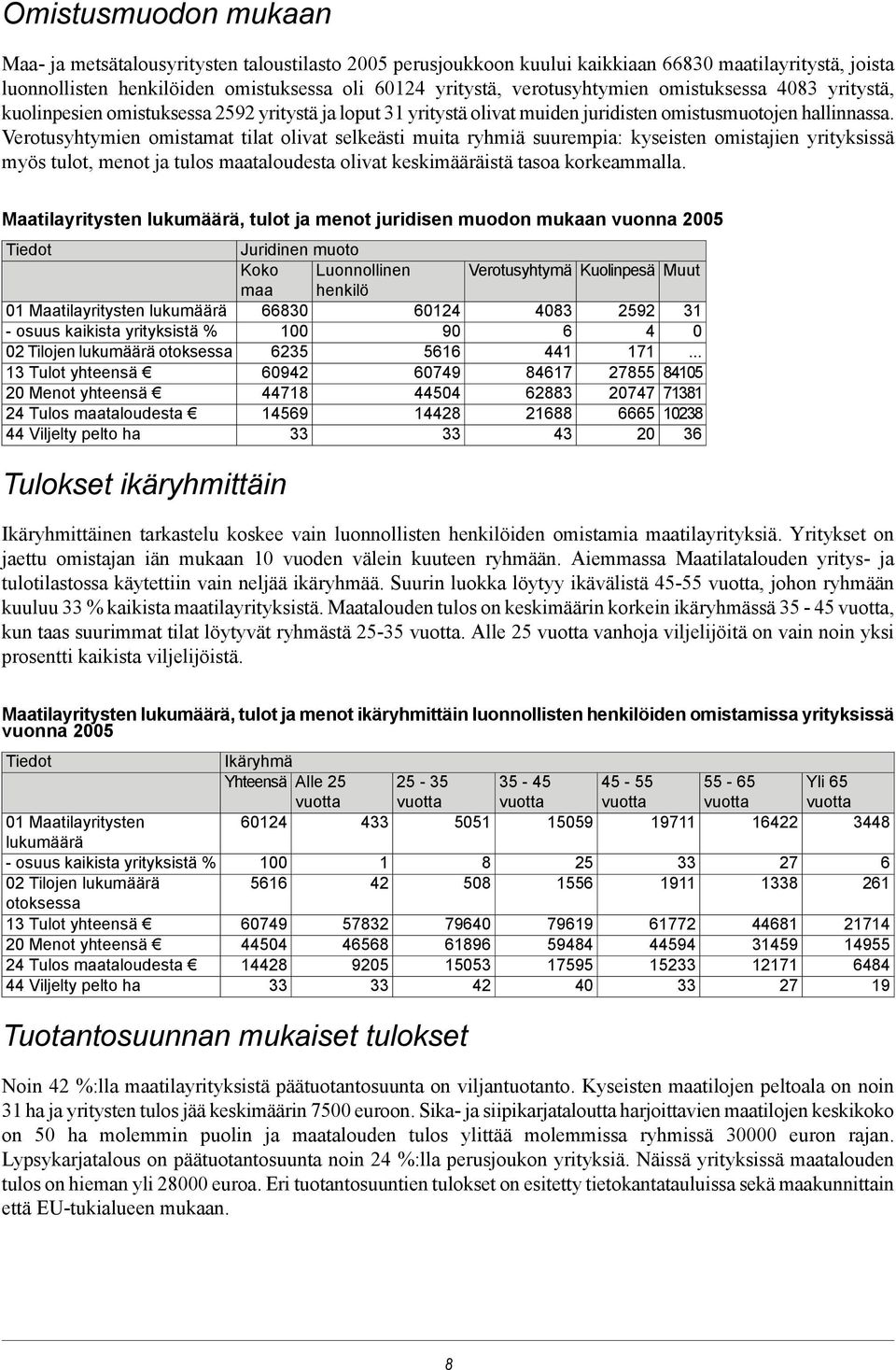 Verotusyhtymien omistamat tilat olivat selkeästi muita ryhmiä suurempia: kyseisten omistajien yrityksissä myös tulot, menot ja tulos maataloudesta olivat keskimääräistä tasoa korkeammalla.