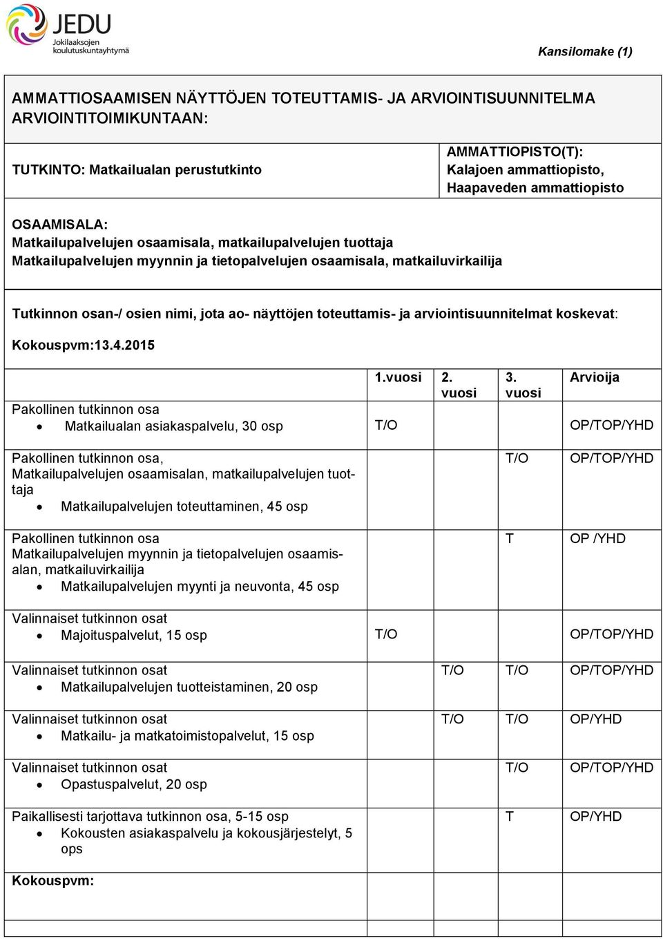 näyttöjen toteuttamis- ja arviointisuunnitelmat koskevat: Kokouspvm:13.4.2015 1.vuosi 2. vuosi 3.